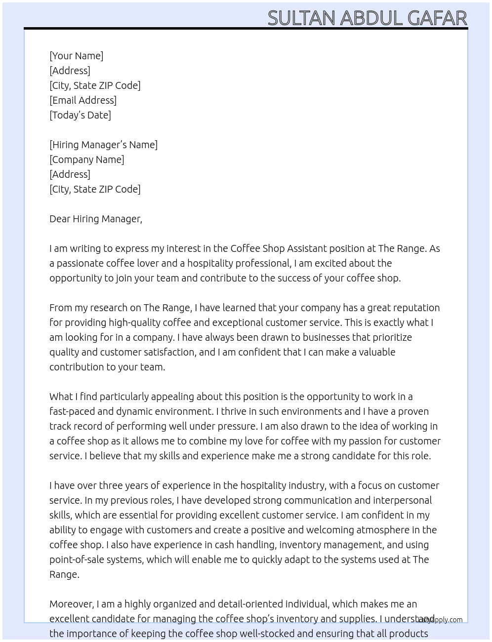 Coffee Shop assistant  At The Range  Cover Letter