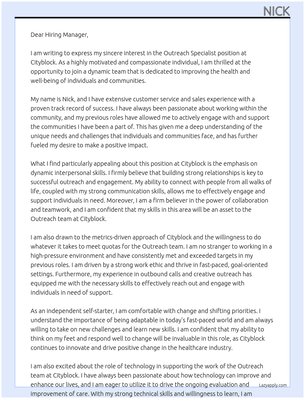Outreach Specialist At Cityblock Cover Letter