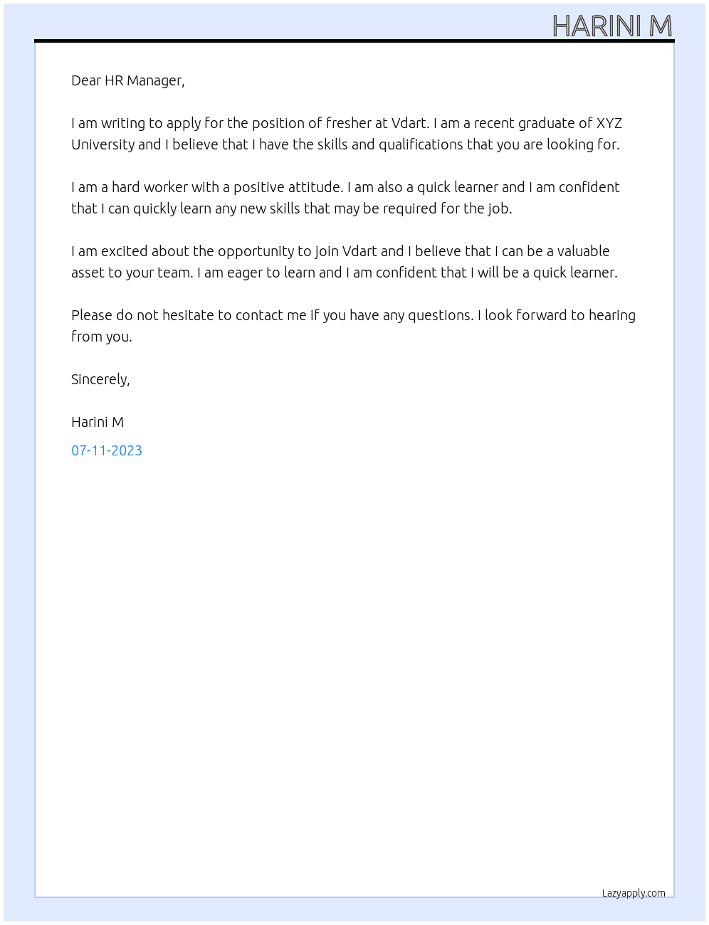 Fresher At Vdart Cover Letter