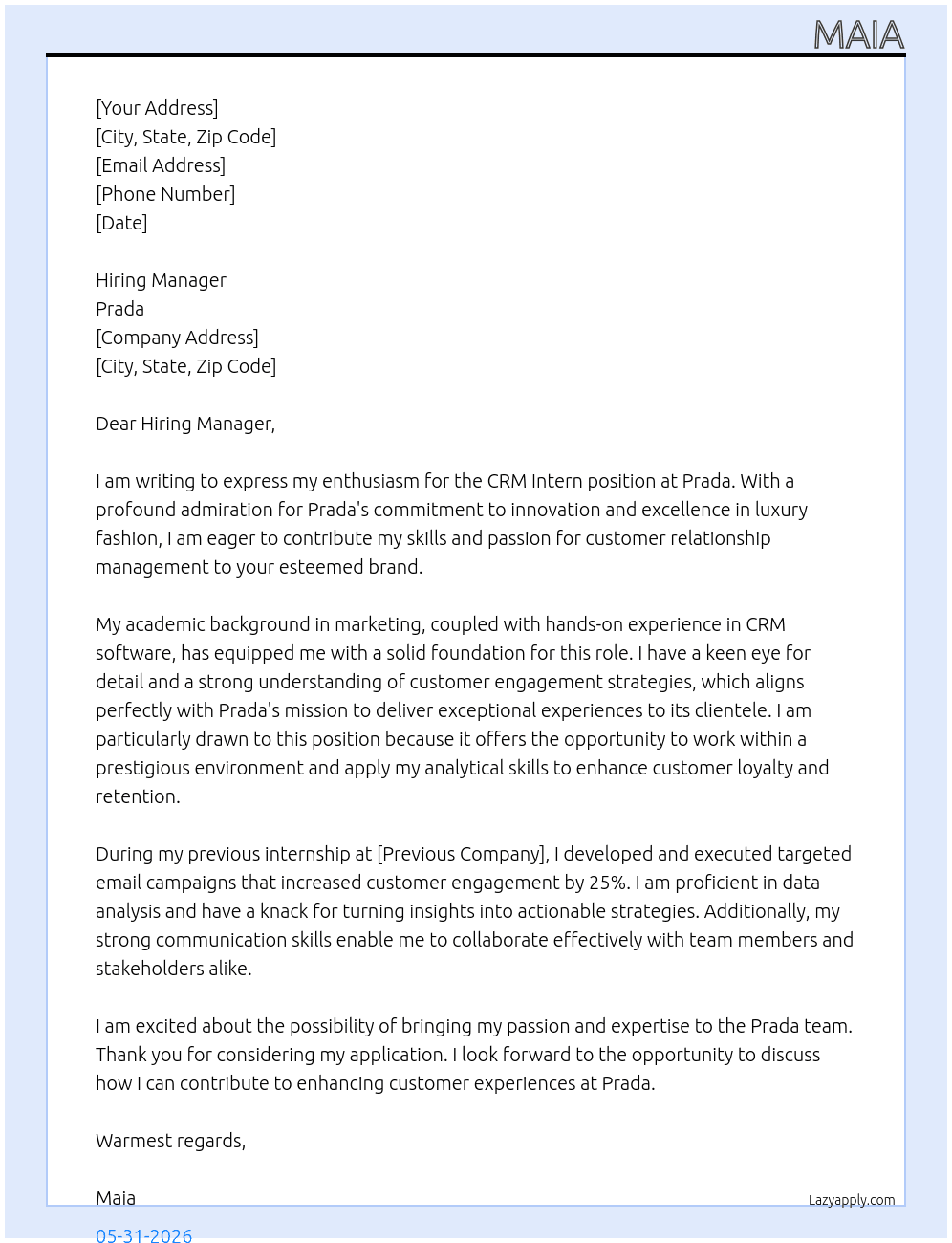 PRADA CRM Intern At Prada Cover Letter