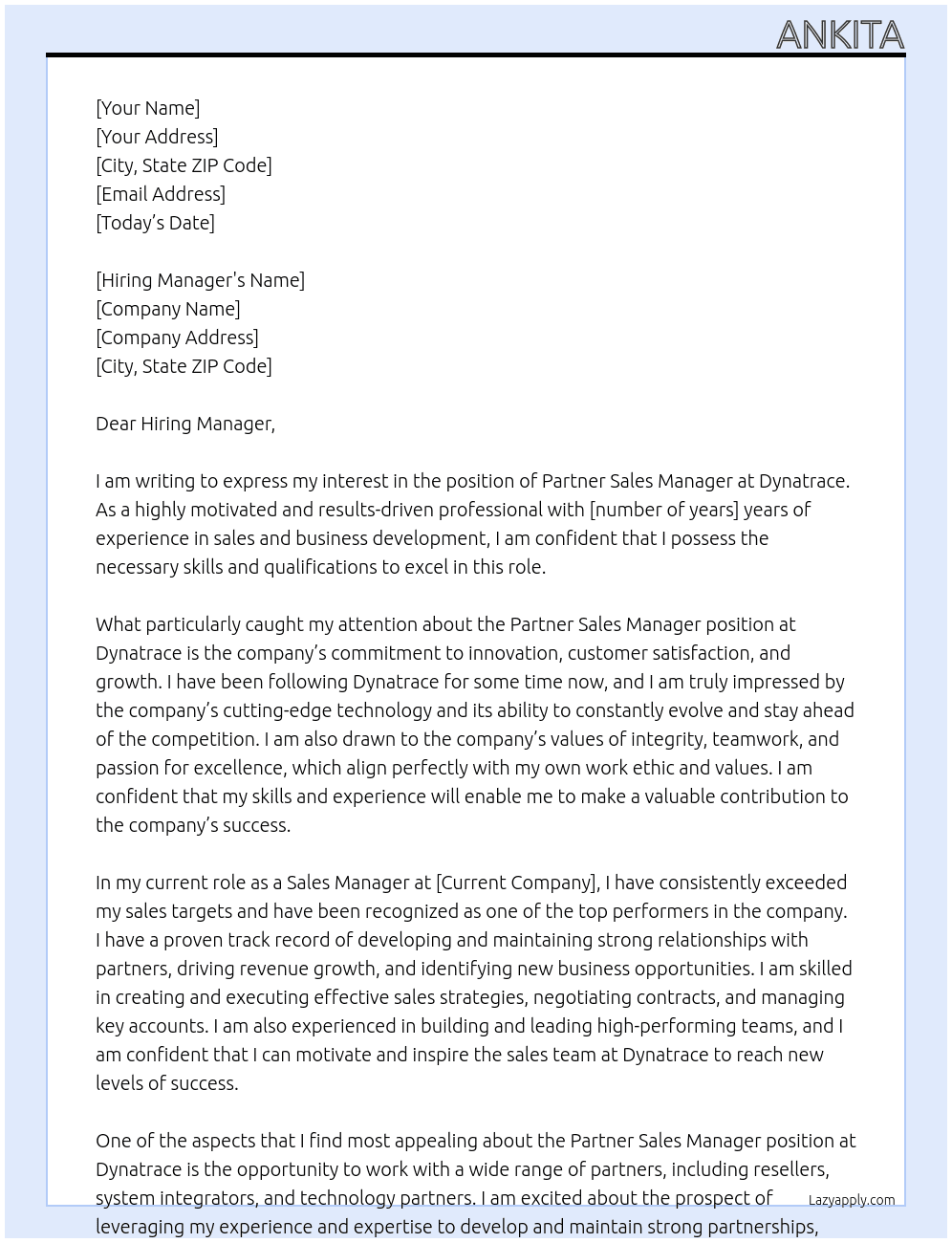 Partner Sales manager At Dynatrace Cover Letter