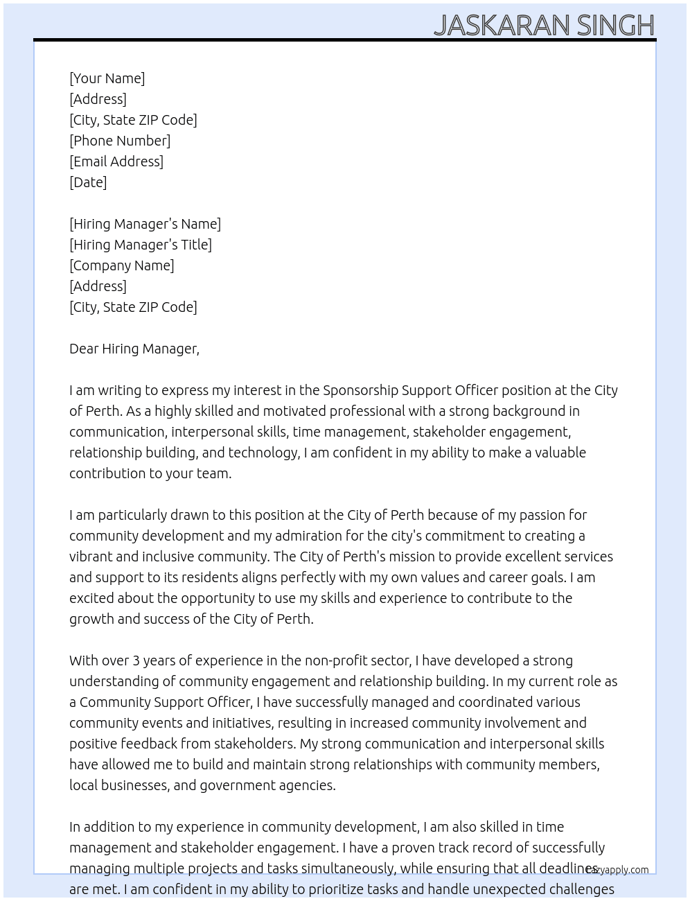 Sponsorship Support Officer At City of Perth Cover Letter