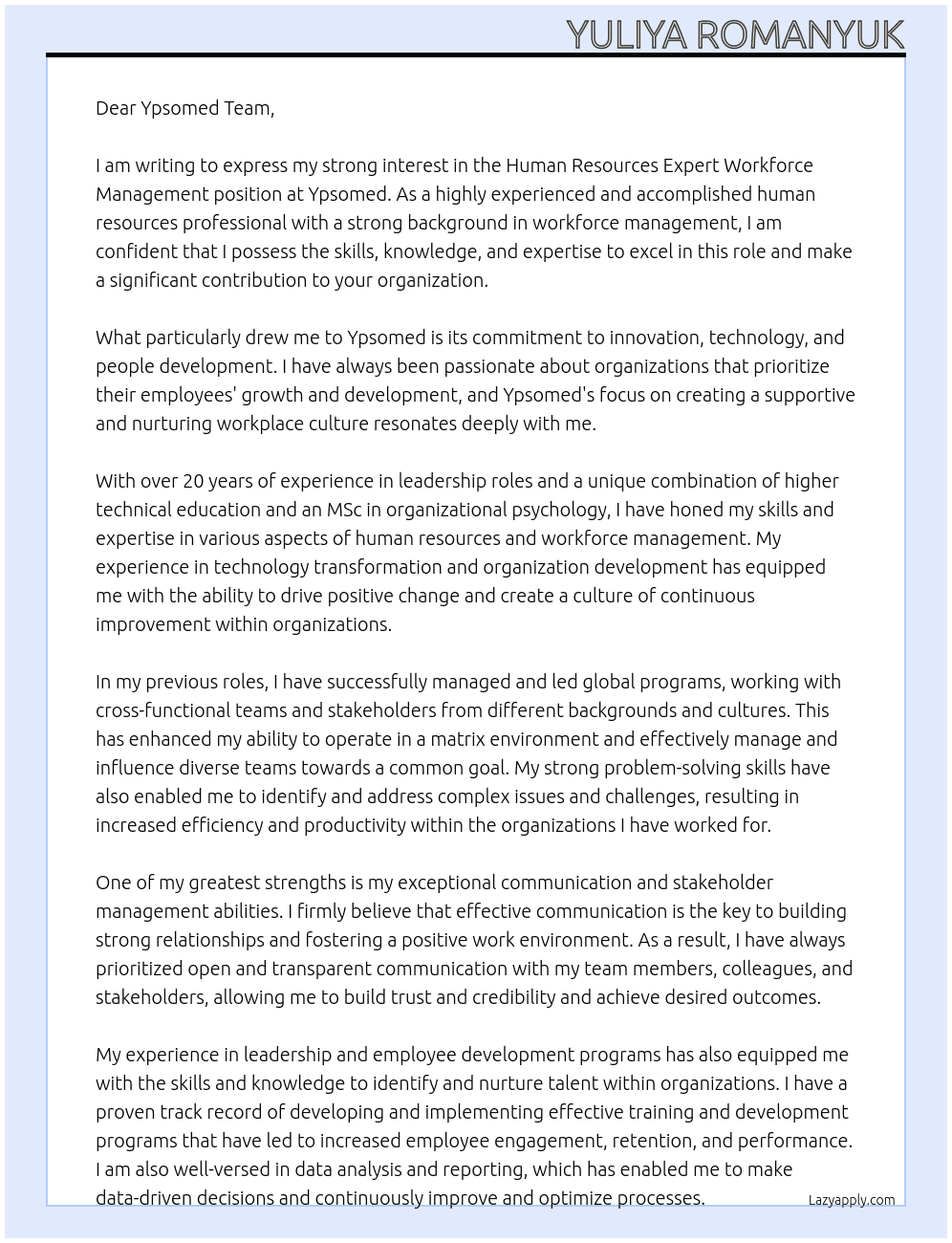 Human Resources Expert Workforce Management At Ypsomed  Cover Letter