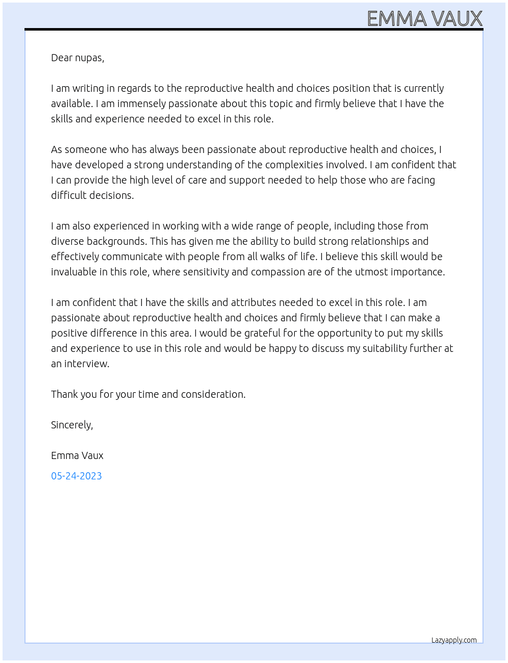 reproductive health and choices At nupas Cover Letter