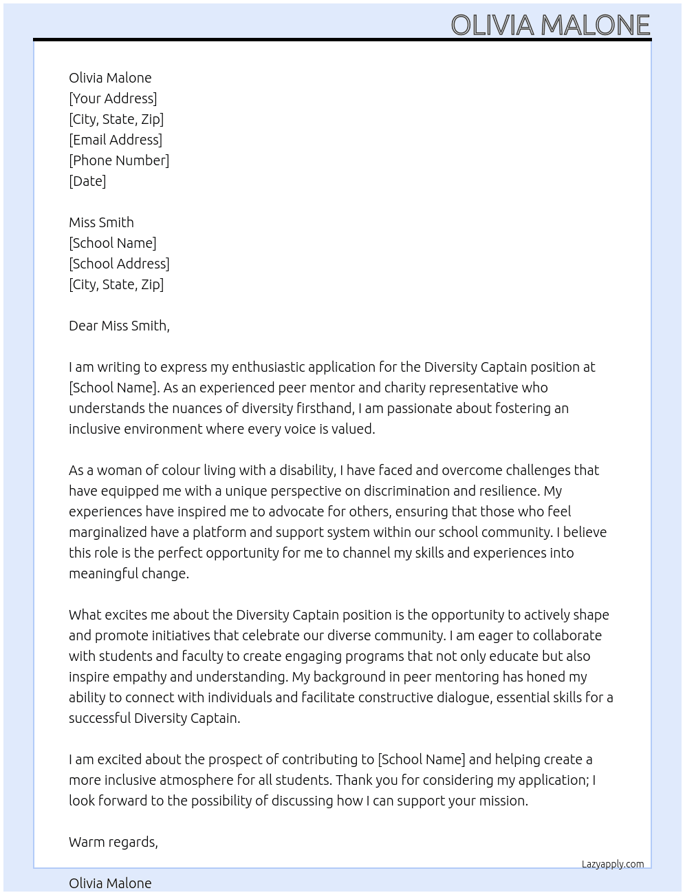 Cover letter for diversity captain - LazyApply