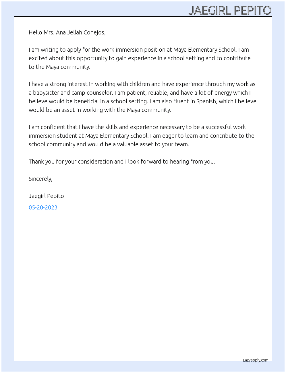 work immersion application At maya elementary school Cover Letter