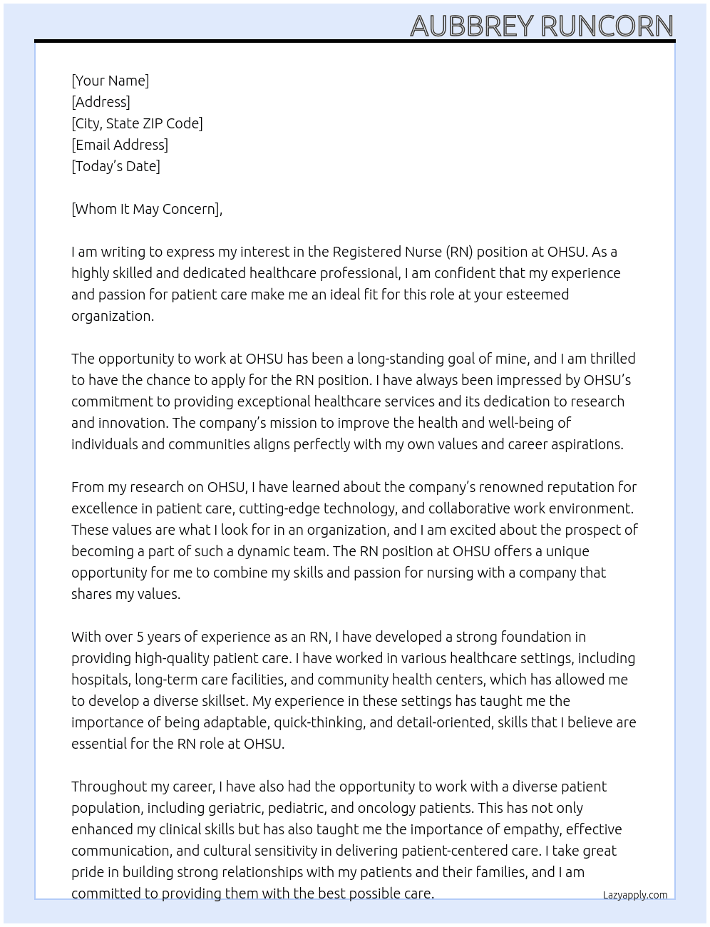 RN At OHSU Cover Letter