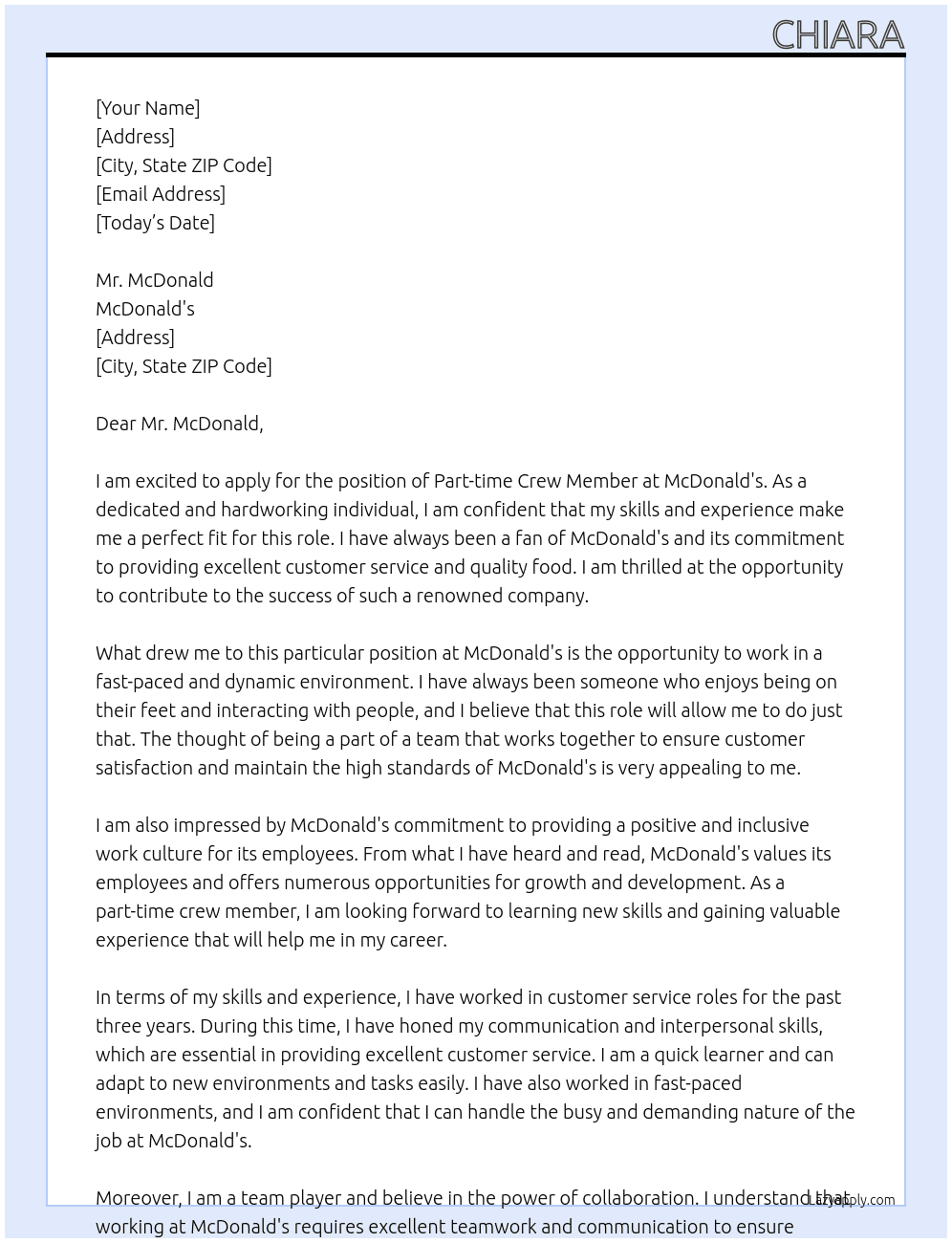 Cover letter for part time crew member - LazyApply