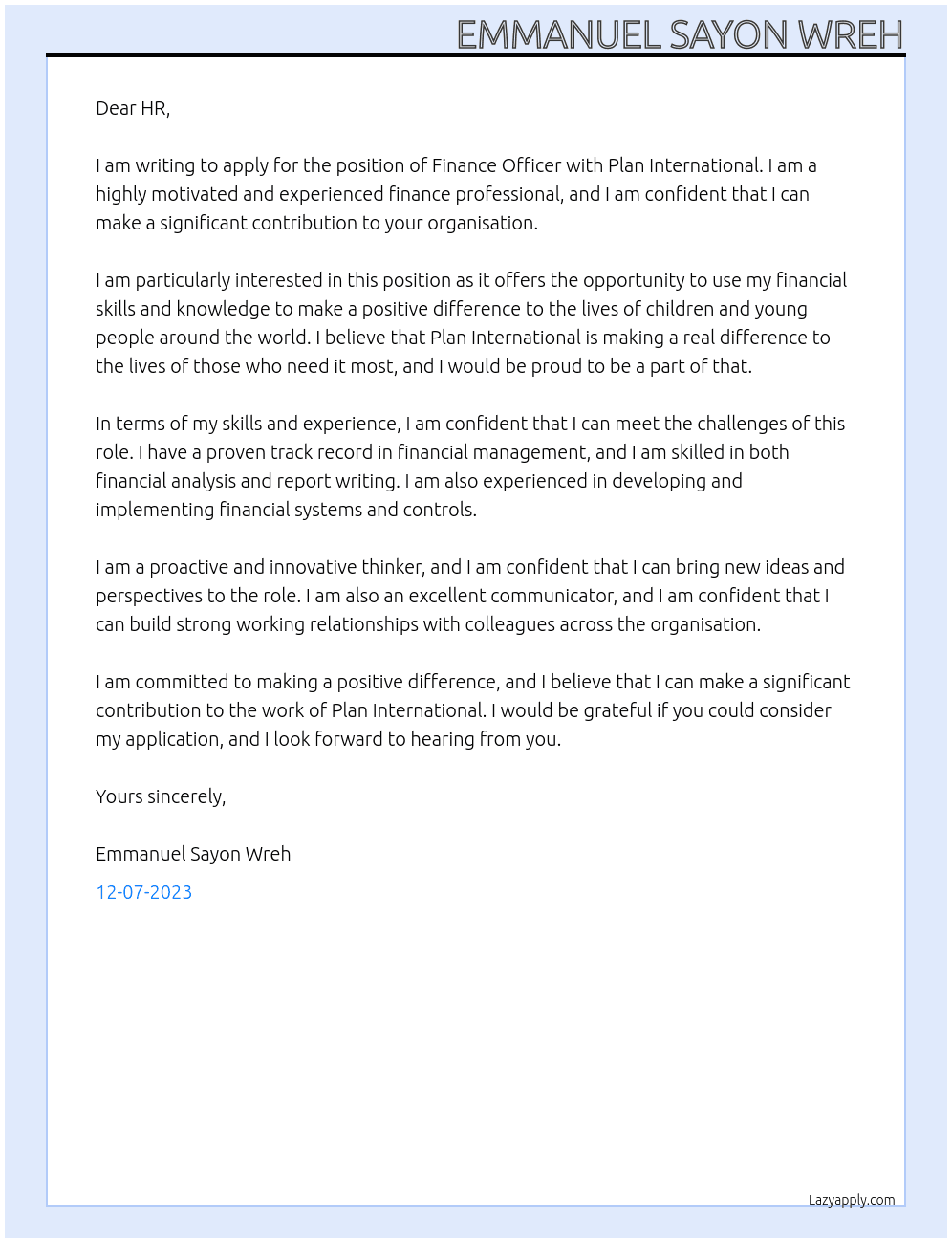 Finance Officer At Plan International Cover Letter