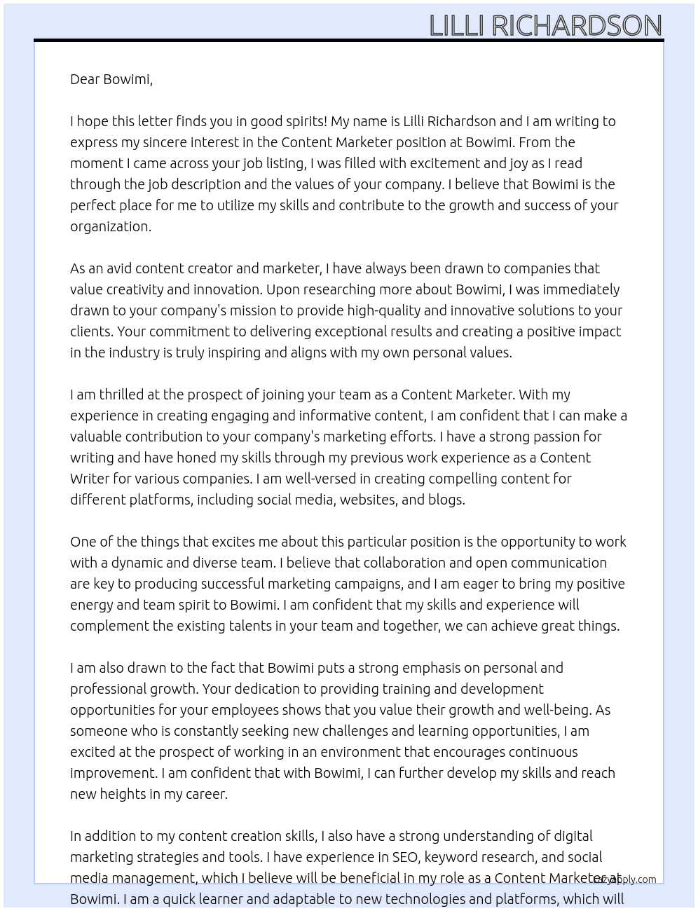 Content Marketer At Bowimi Cover Letter
