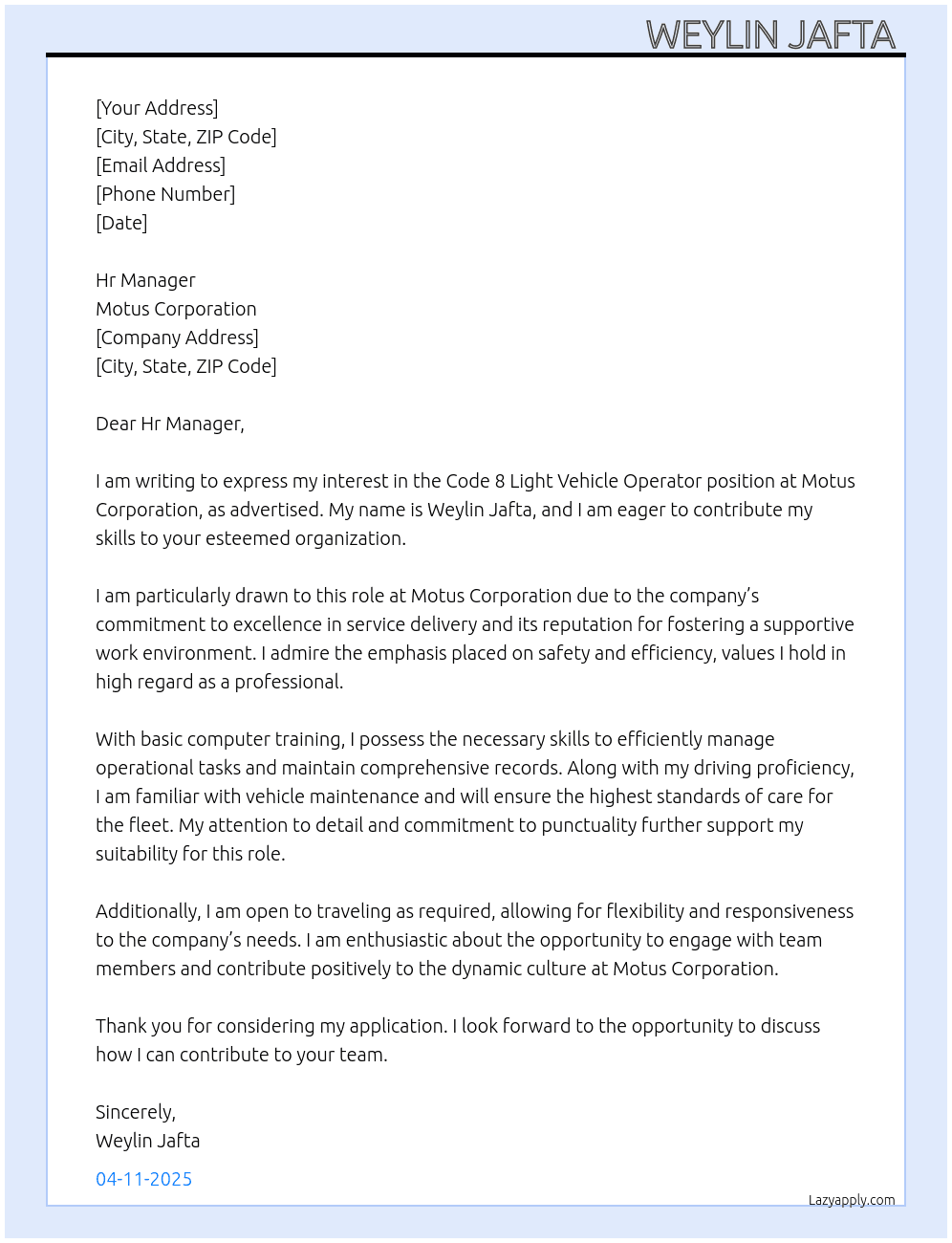 Code 8 light vechile operator  At Motus corporation  Cover Letter