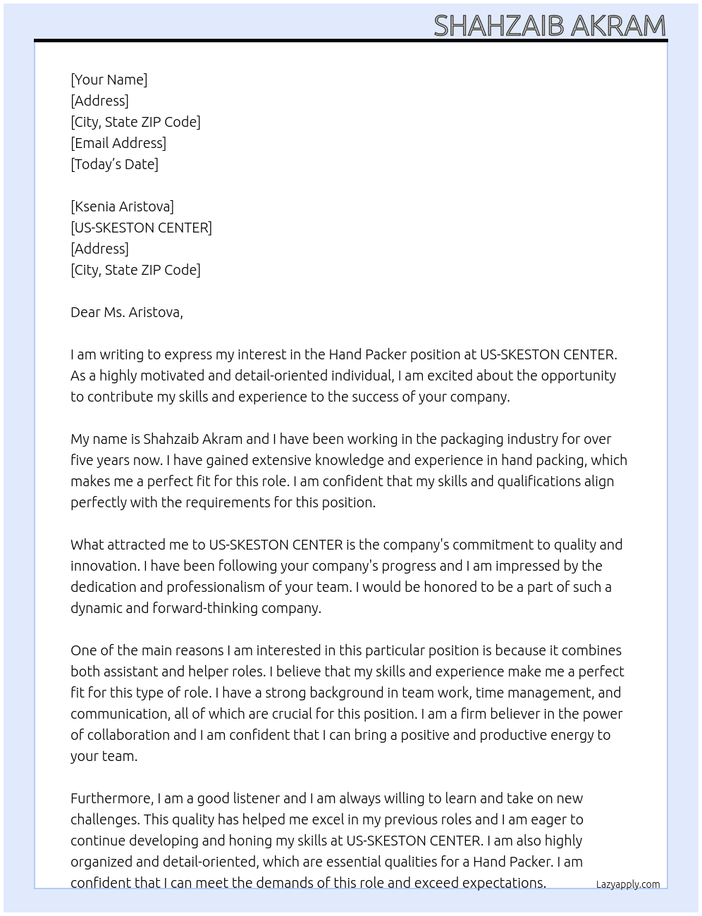 Hand packer At US-SKESTON CENTER Cover Letter