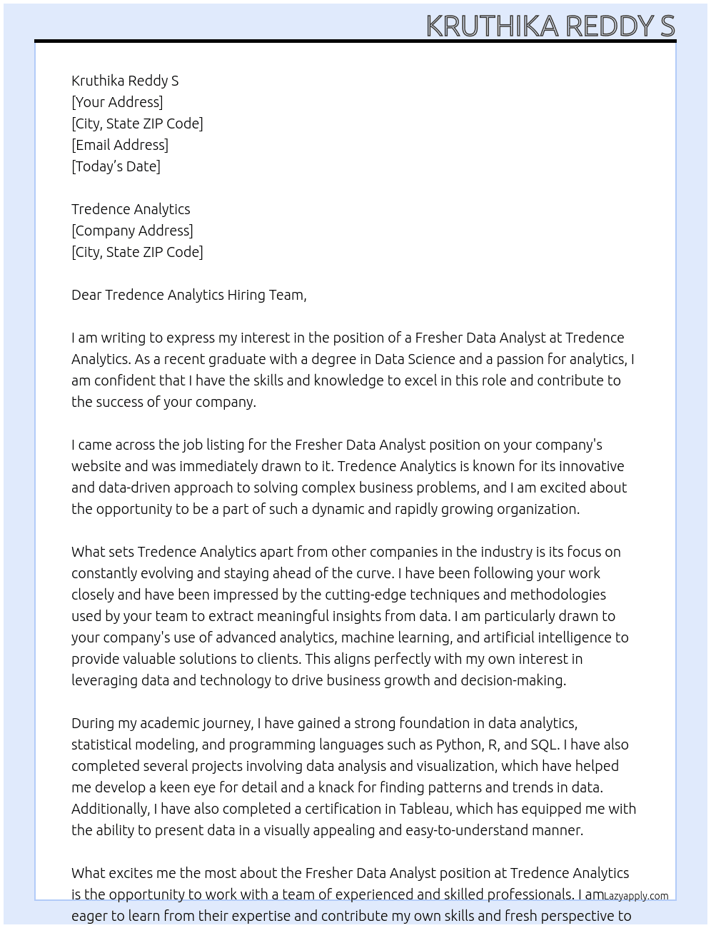 Fresher Data Analyst At Tredence Analytics  Cover Letter