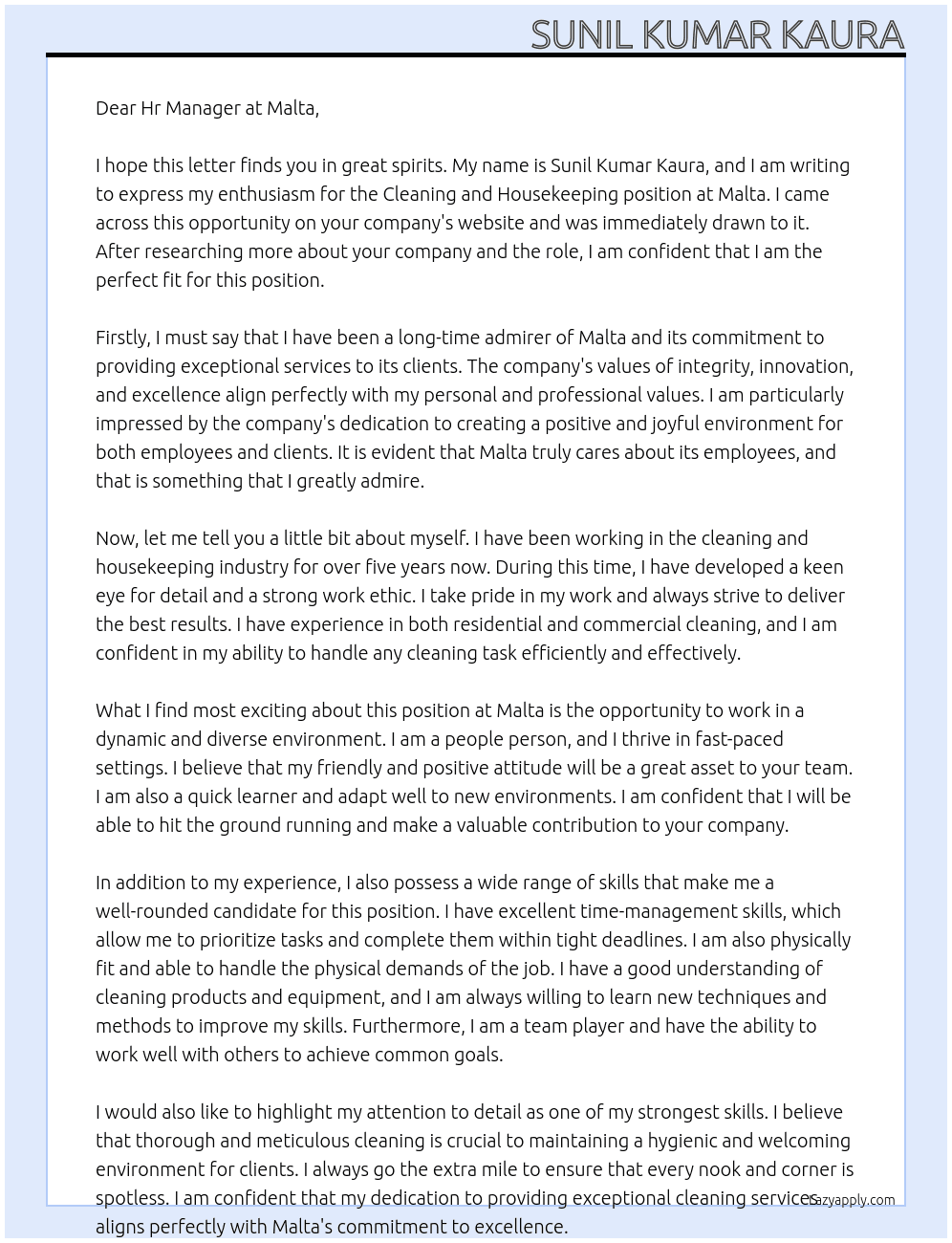 Cleaning and housekeeping  At Malta Cover Letter