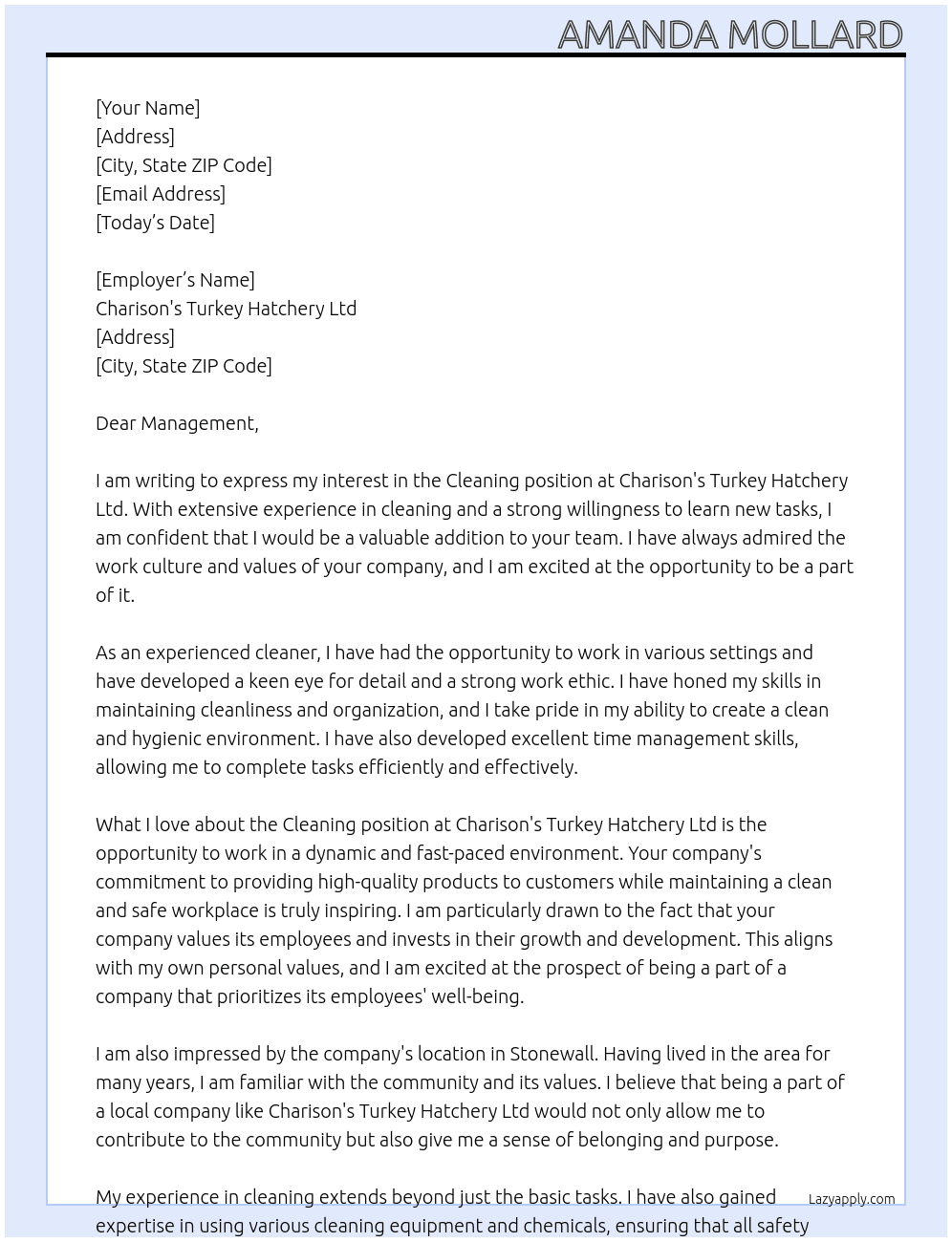 Cleaning  At Charison's Turkey Hatchery Ltd Cover Letter