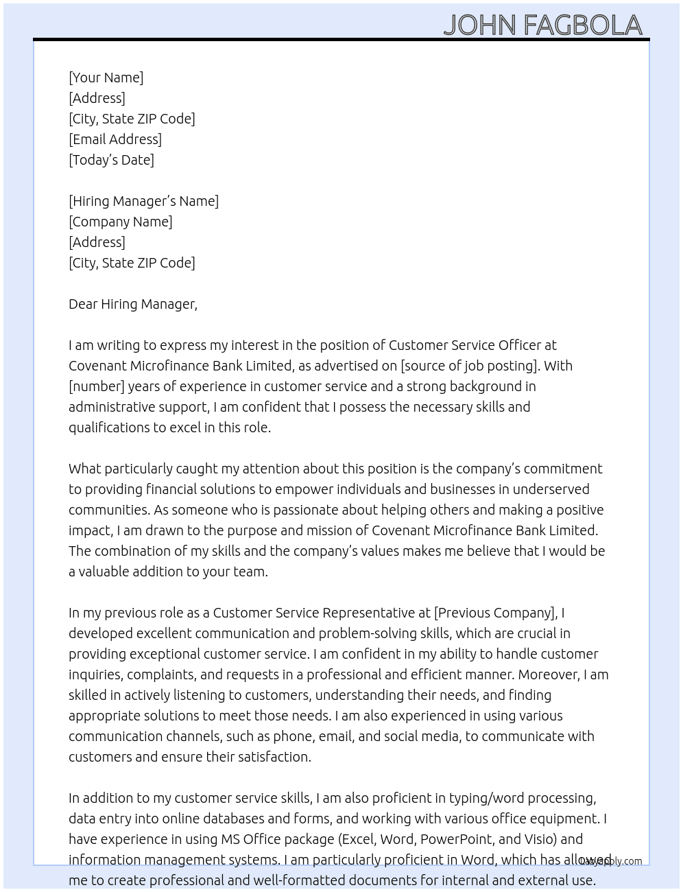 Customer service officer  At Covenant microfinance bank limited  Cover Letter