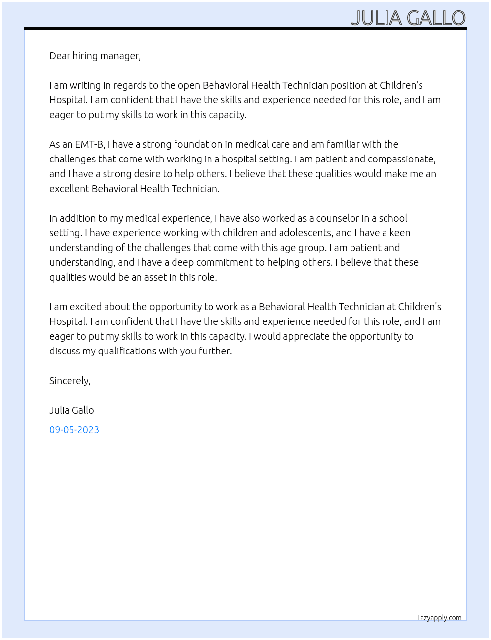 Behavioral Health Technician At Children's Hospital Cover Letter