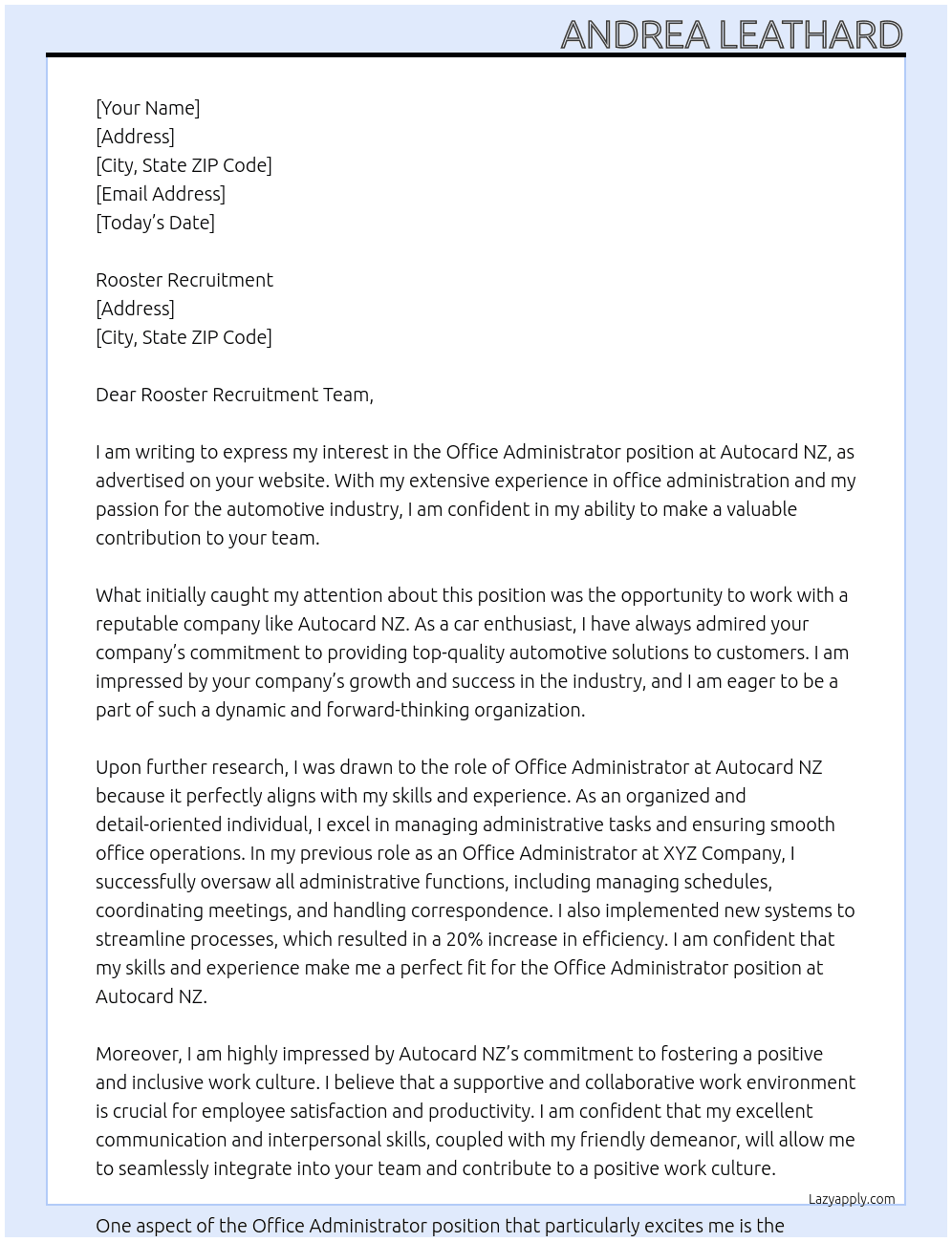 Office Administrator At Autocard NZ Cover Letter