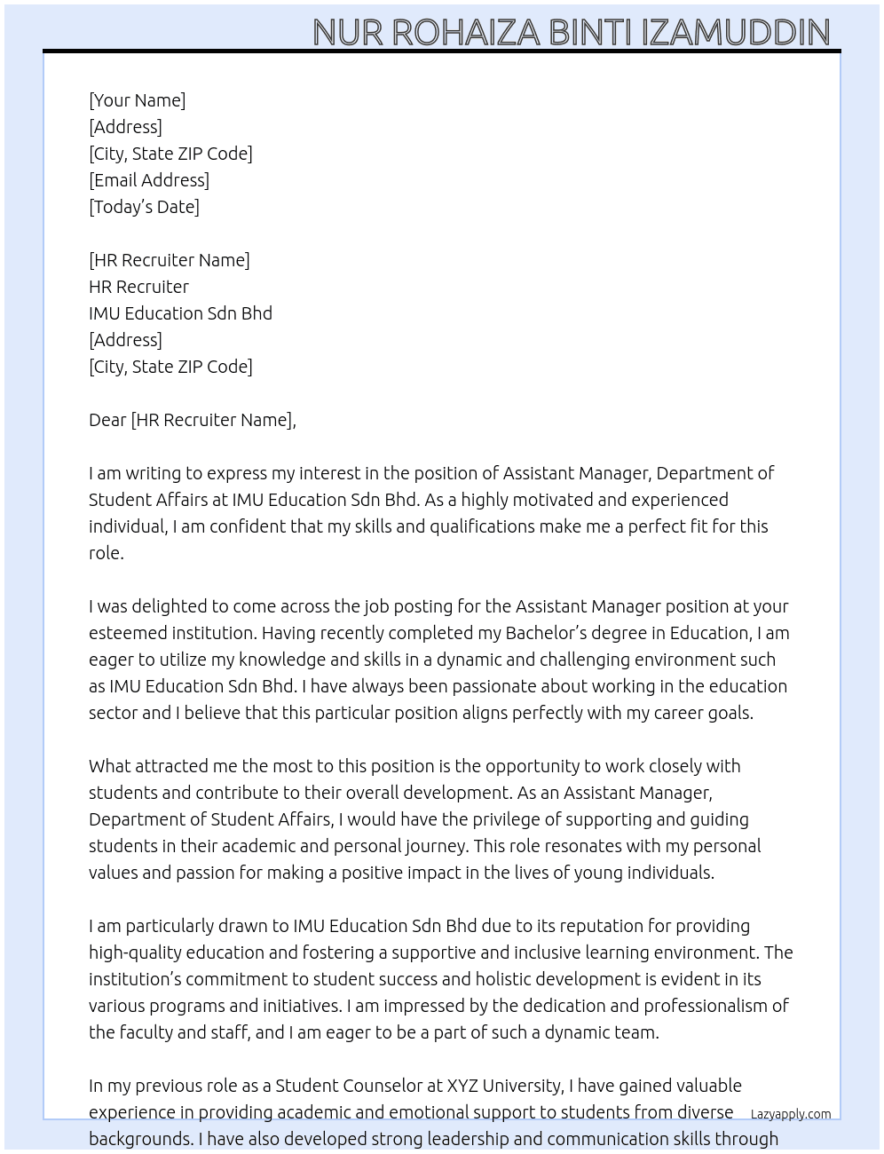 ASSISTANT MANAGER, DEPARTMENT OF STUDENT AFFAIRS At IMU Education Sdn Bhd Cover Letter