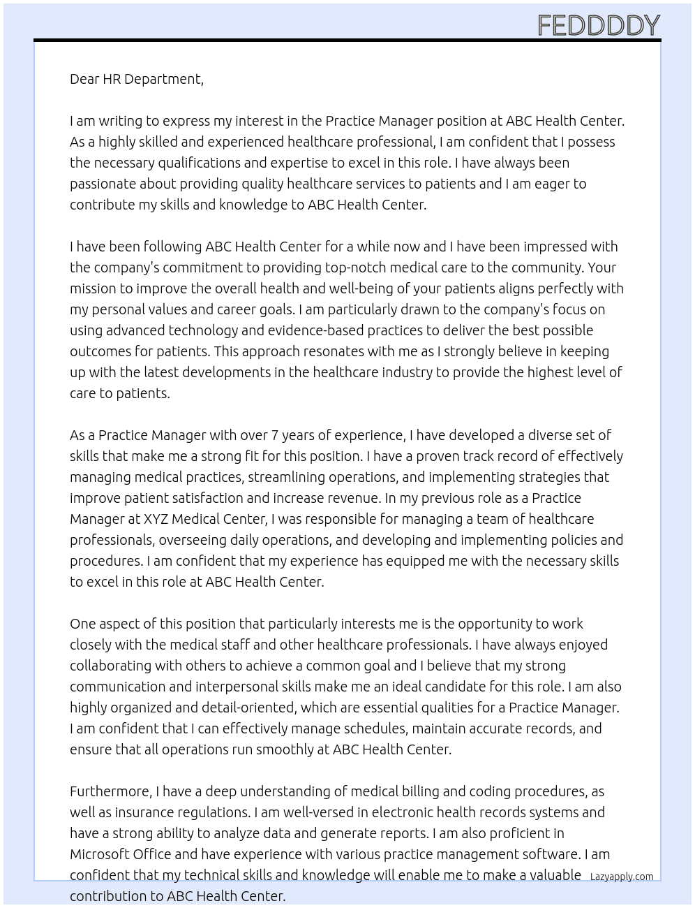 Practioce Manager At ABC Health Center Cover Letter