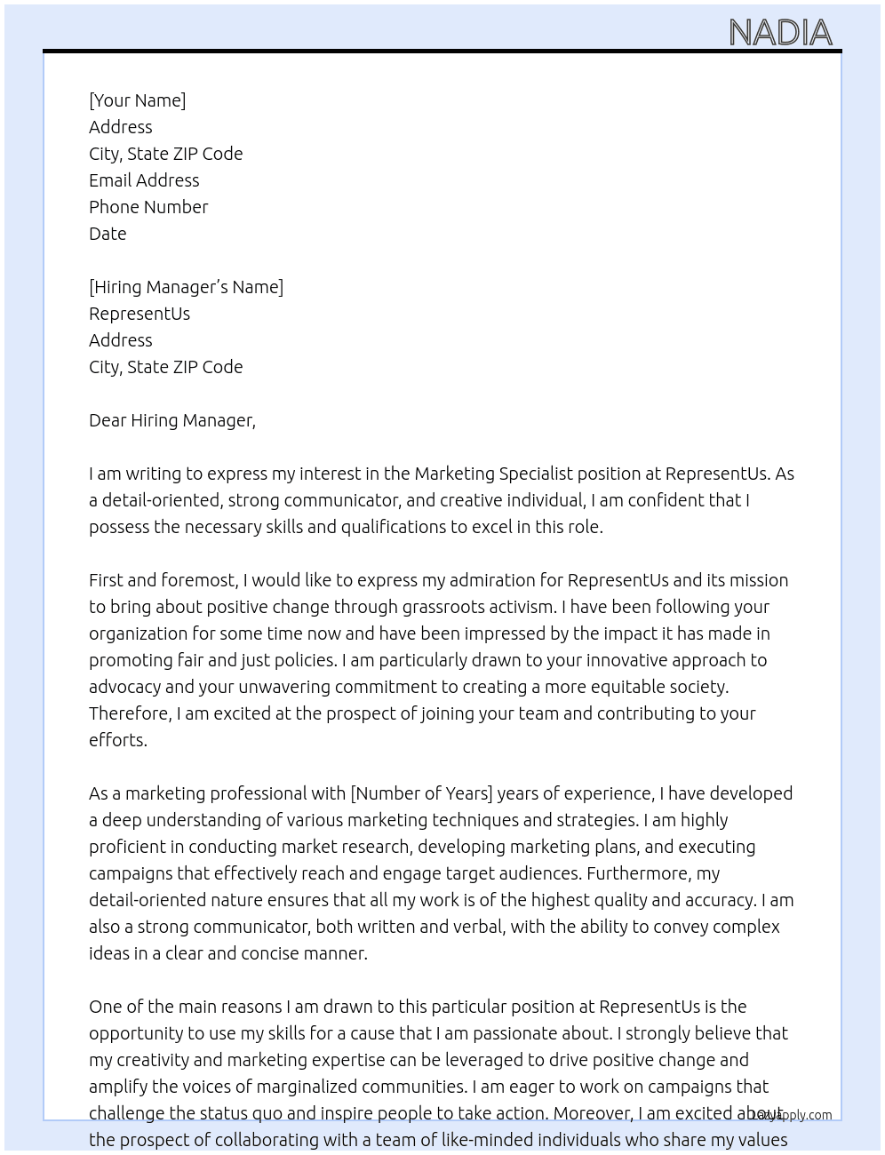 Marketing Specialist At RepresentUs Cover Letter