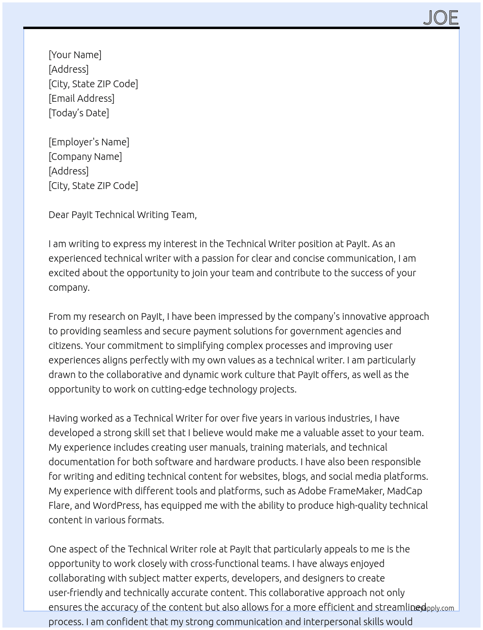 Technical Writer At PayIt Cover Letter