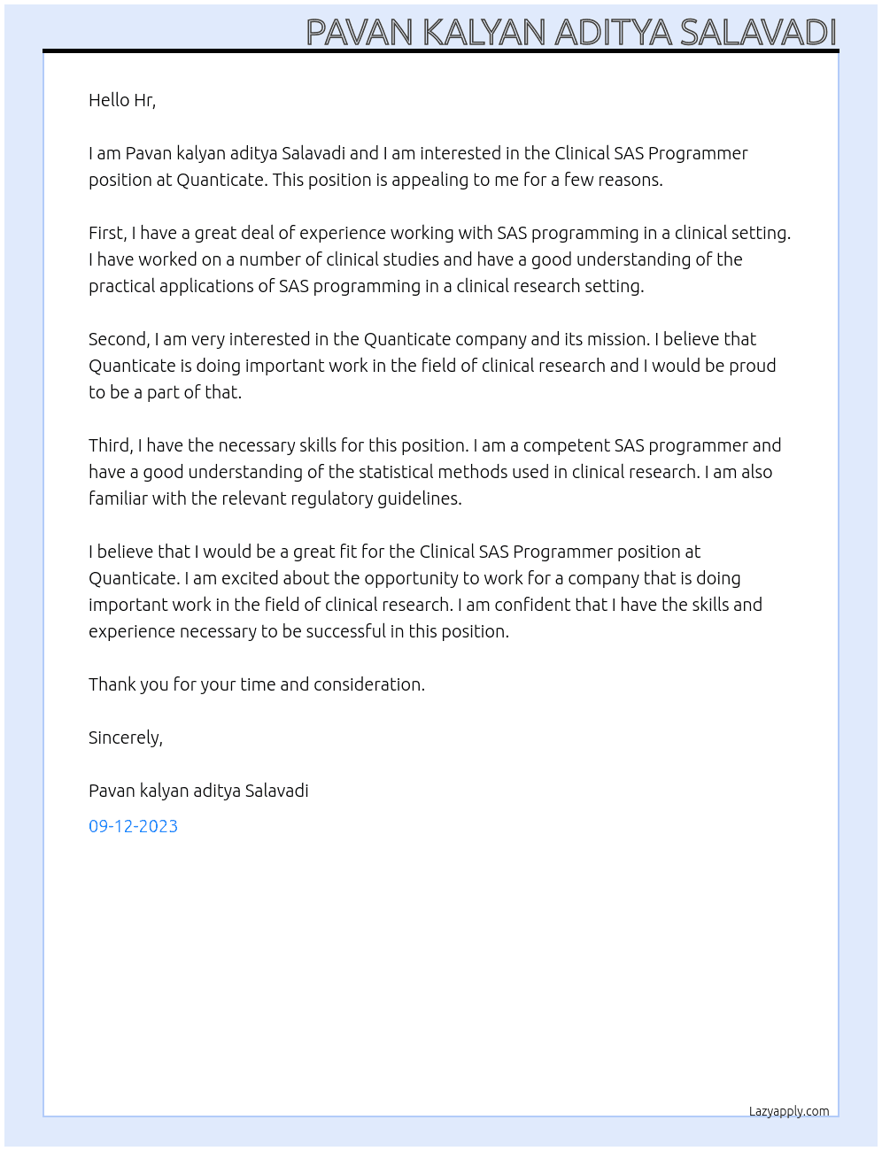 Clinical SAS Programmer At Quanticate Cover Letter