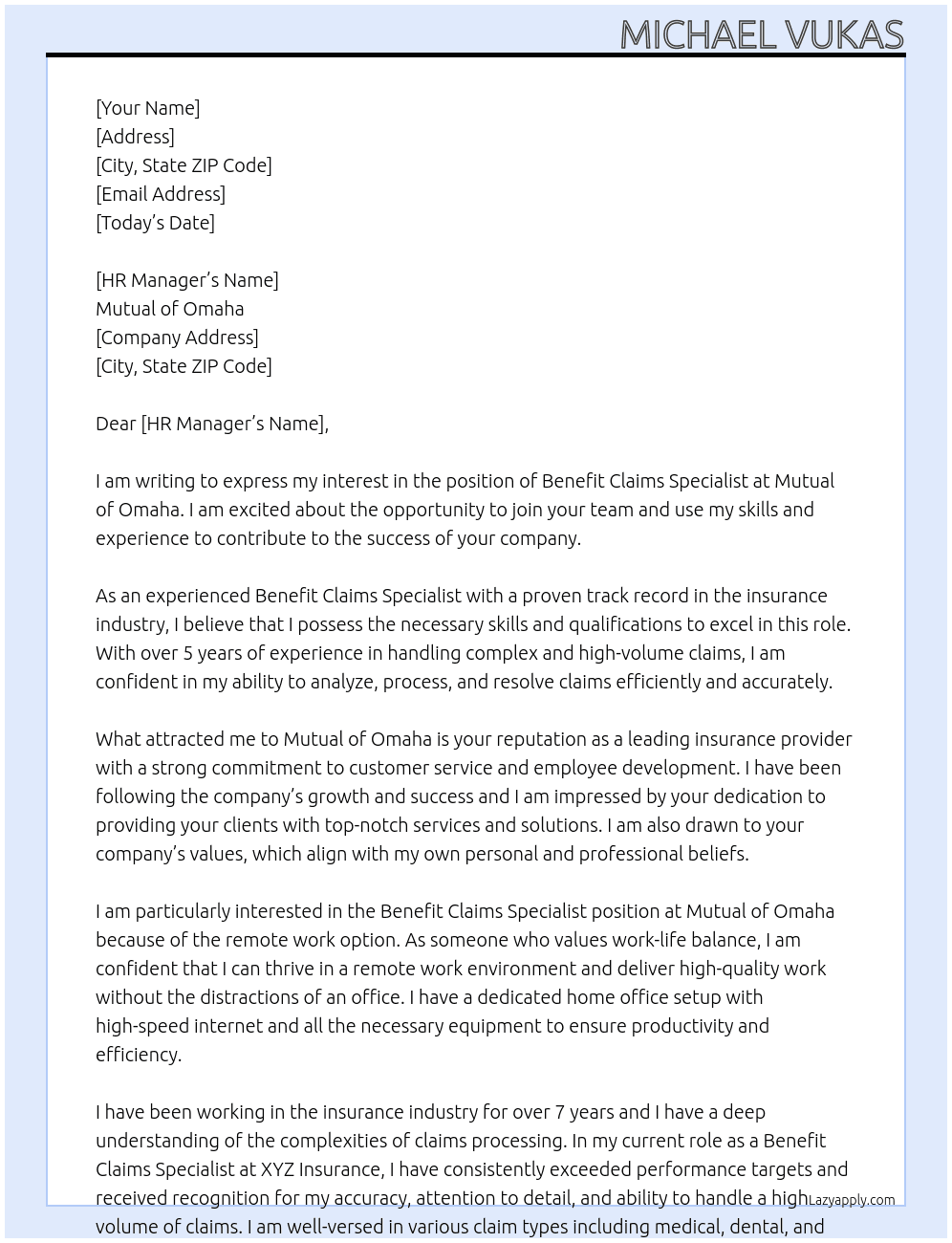 Benefit Claims Specialist  At Mutual of Omaha Cover Letter