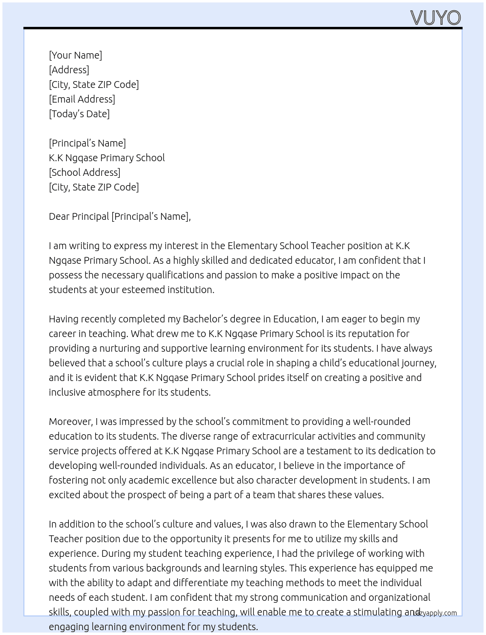 Elementary school teacher  At K.K Ngqase Primary School  Cover Letter