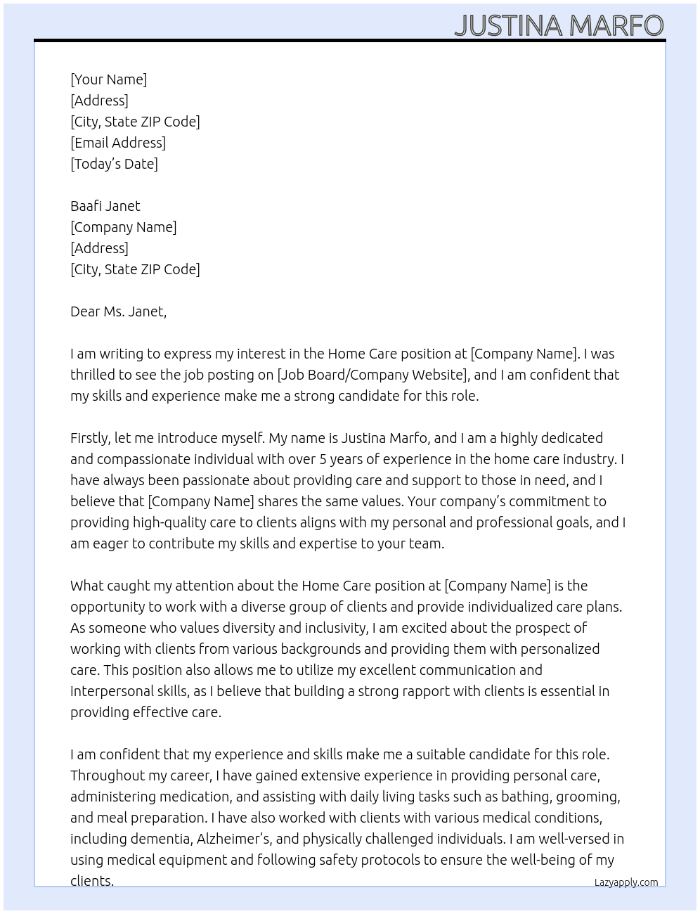Home Care  At Unknown Cover Letter