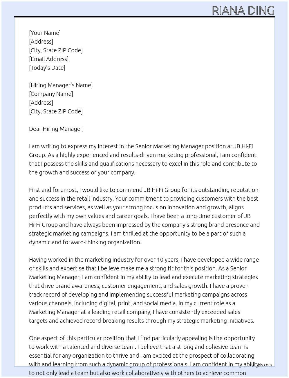 Senior Marketing Manager At JB Hi-Fi Group Cover Letter