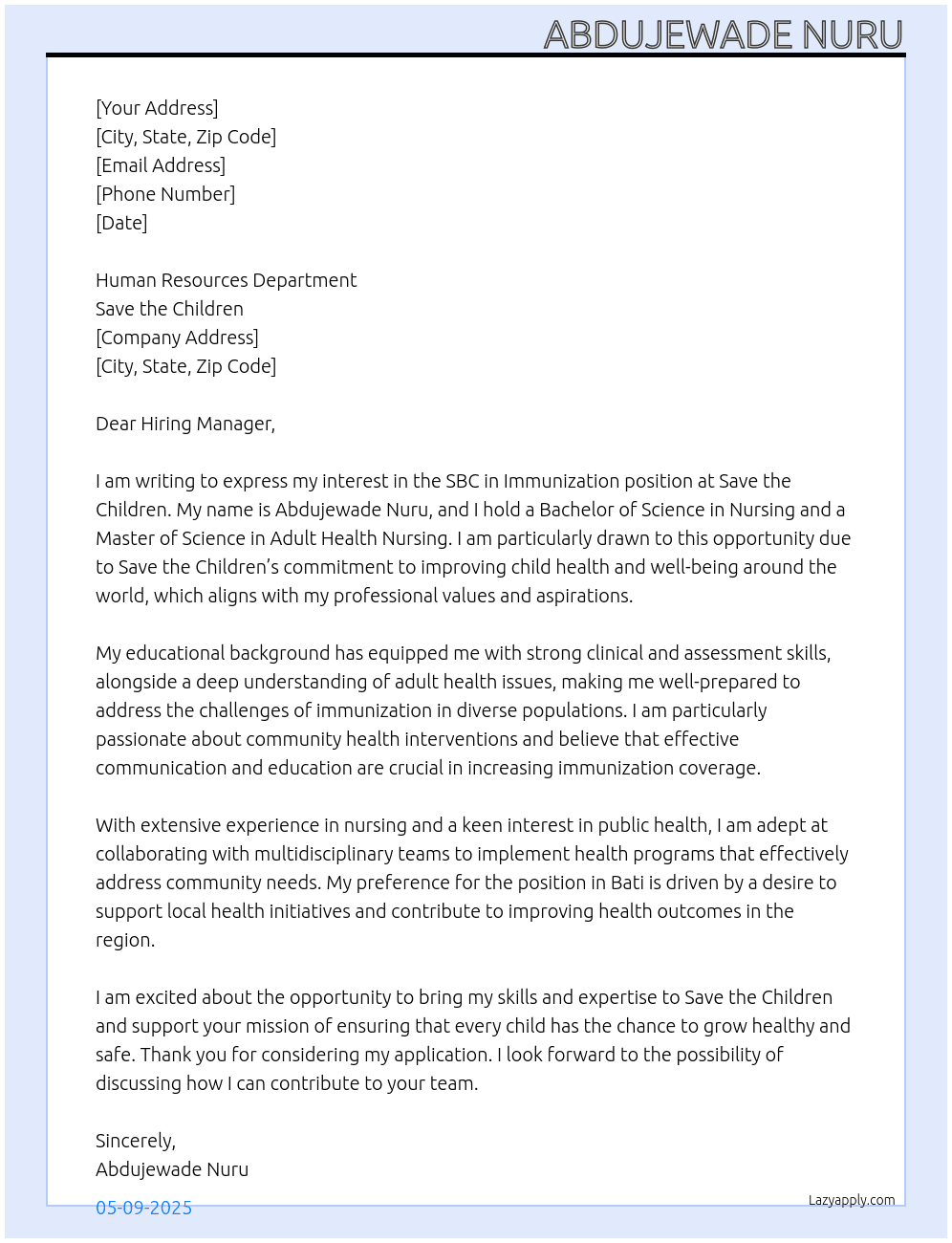 SBC in Immunization  At Save the children Cover Letter