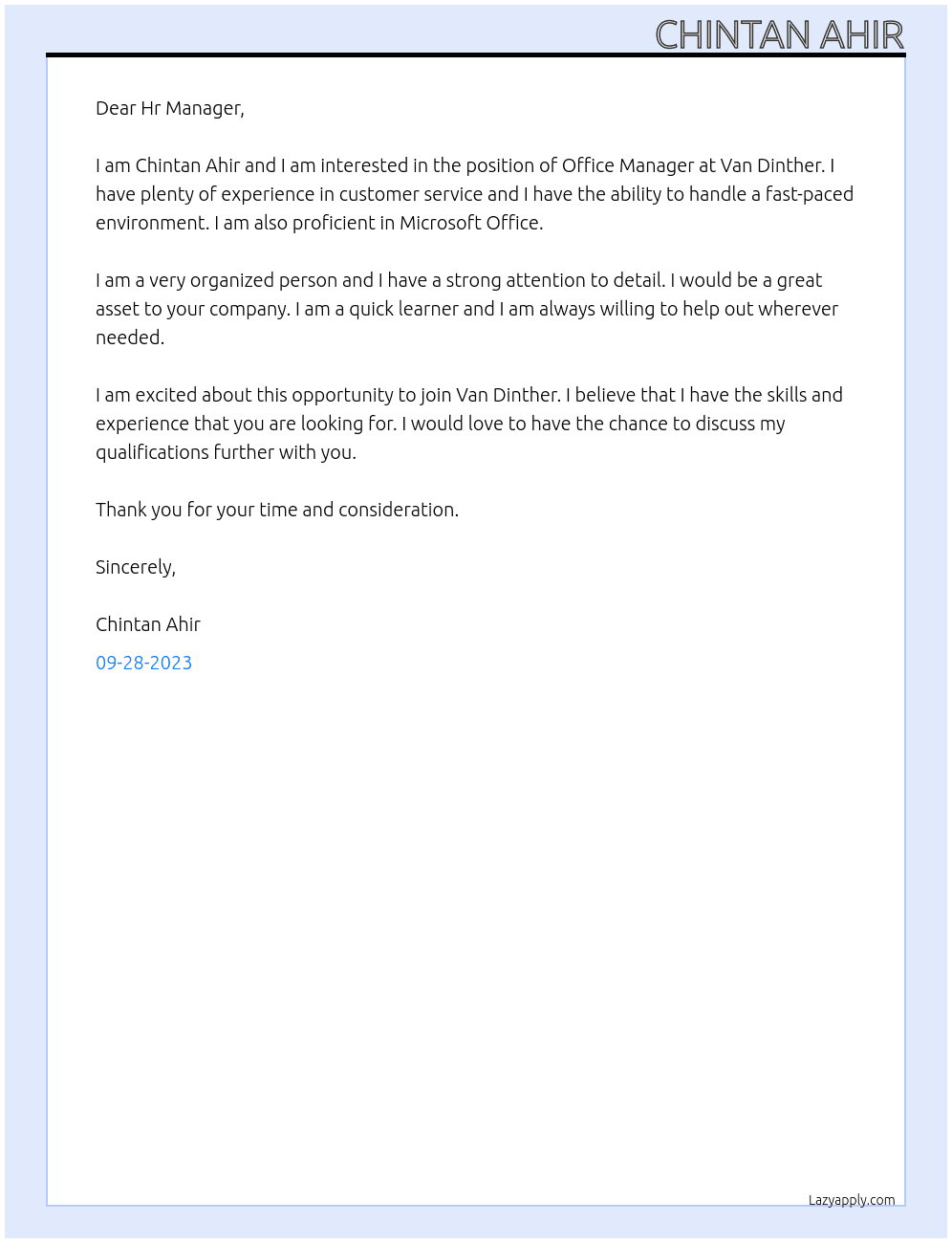 Office Manager  At Van Dinther  Cover Letter