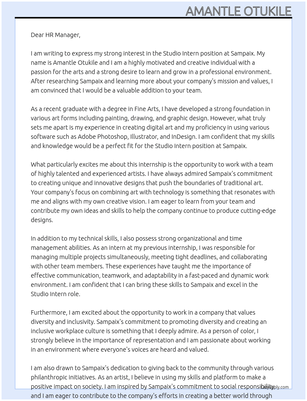 Studio intern  At Sampaix  Cover Letter