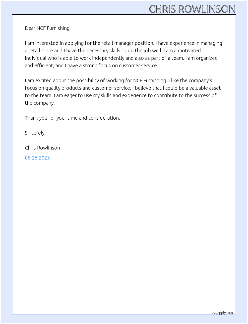 retail manager At NCF Furnishing Cover Letter