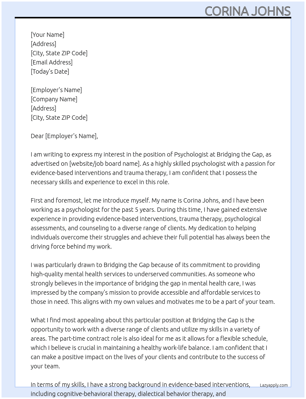 psychologist At Bridging the Gap Cover Letter