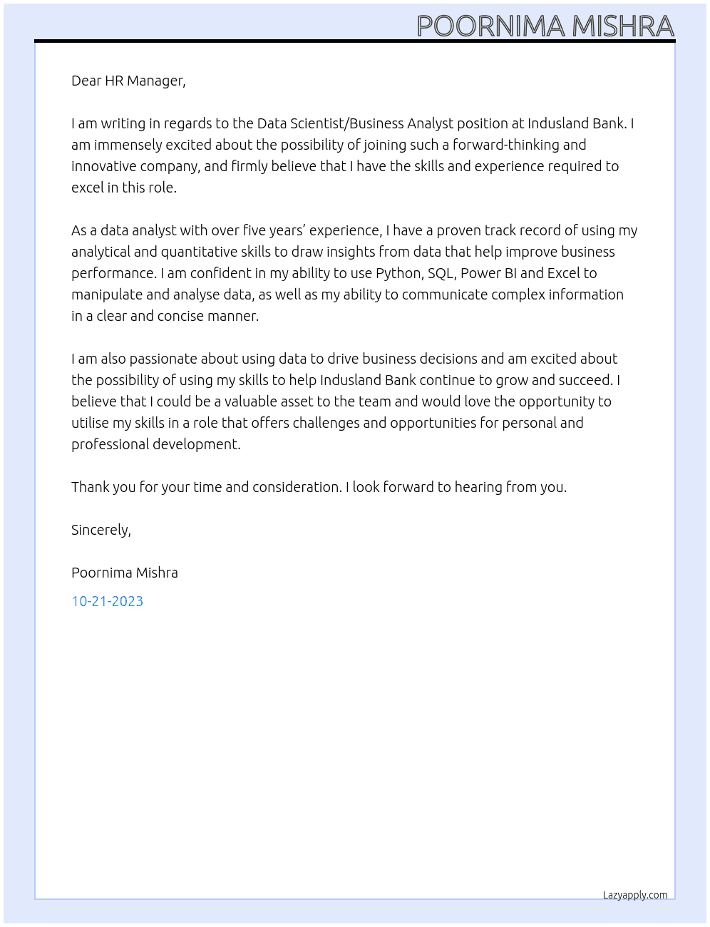 Data Scientist/Business Analyst  At Indusland bank Cover Letter
