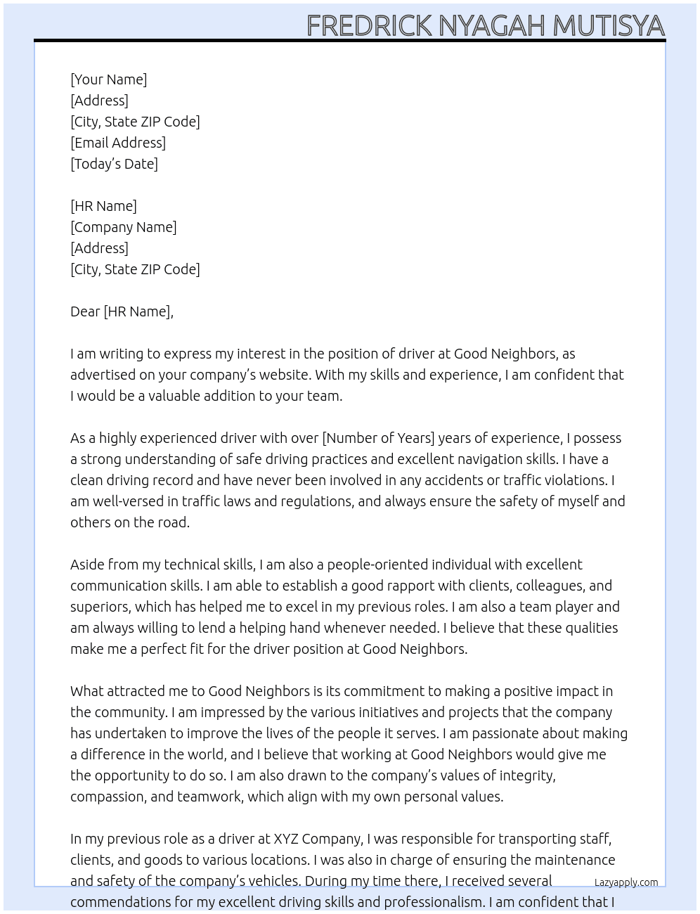 driver At good neighbors Cover Letter