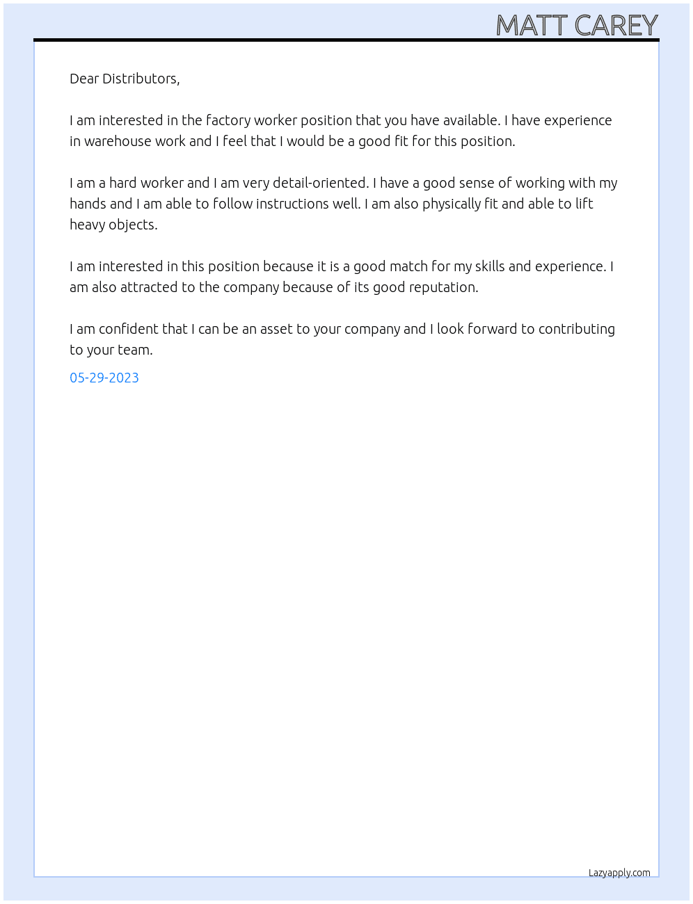 Factory Worker At Warehousing Cover Letter