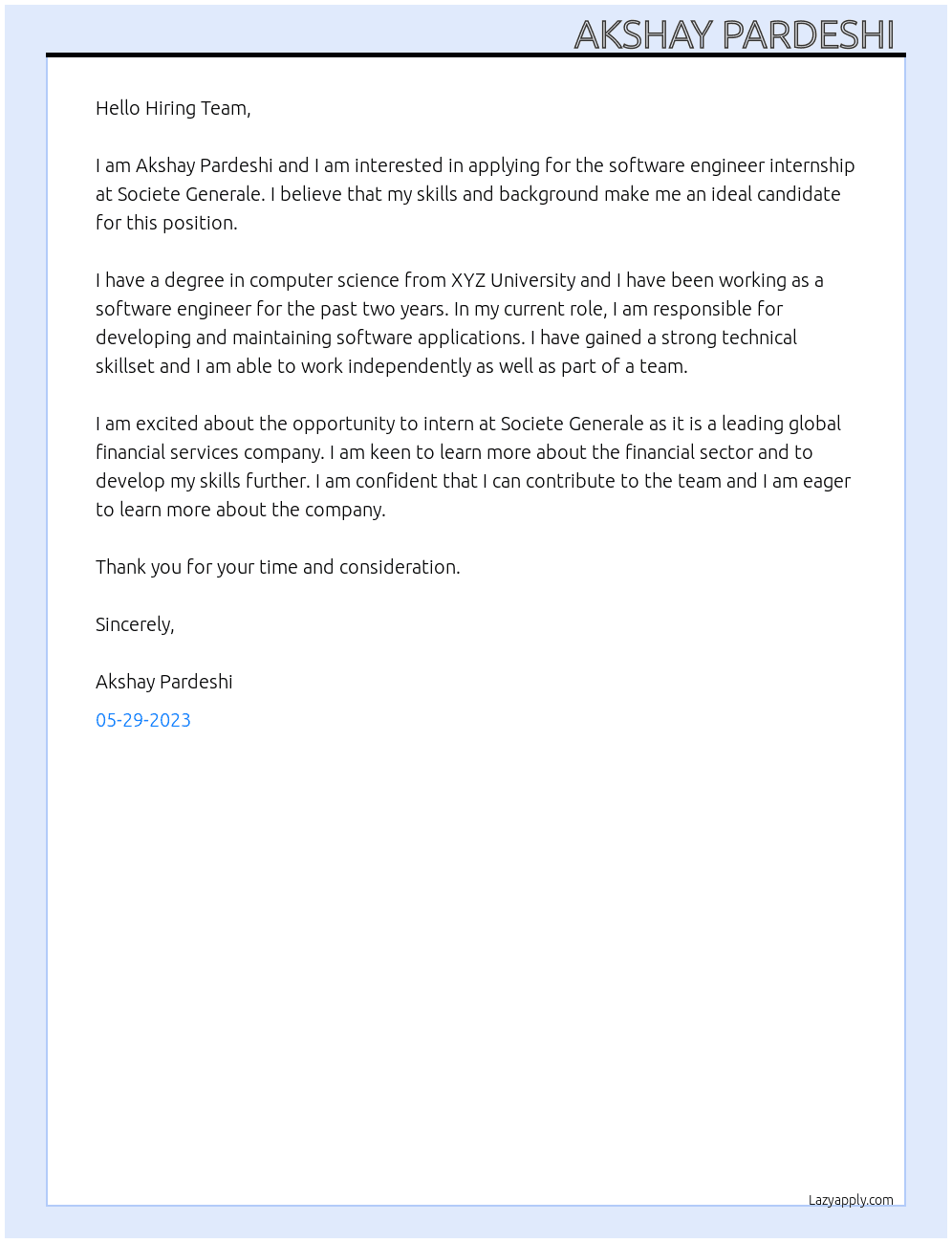 software engineer internship  At societe Generale internship  Cover Letter