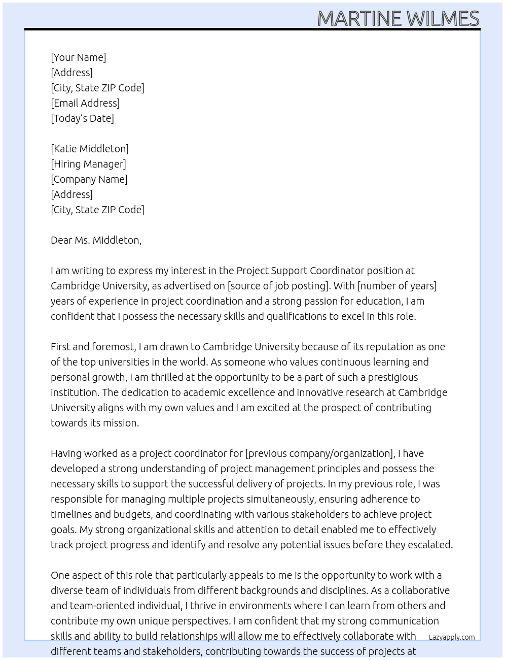 Project Support Coordinator At Cambridge University Cover Letter