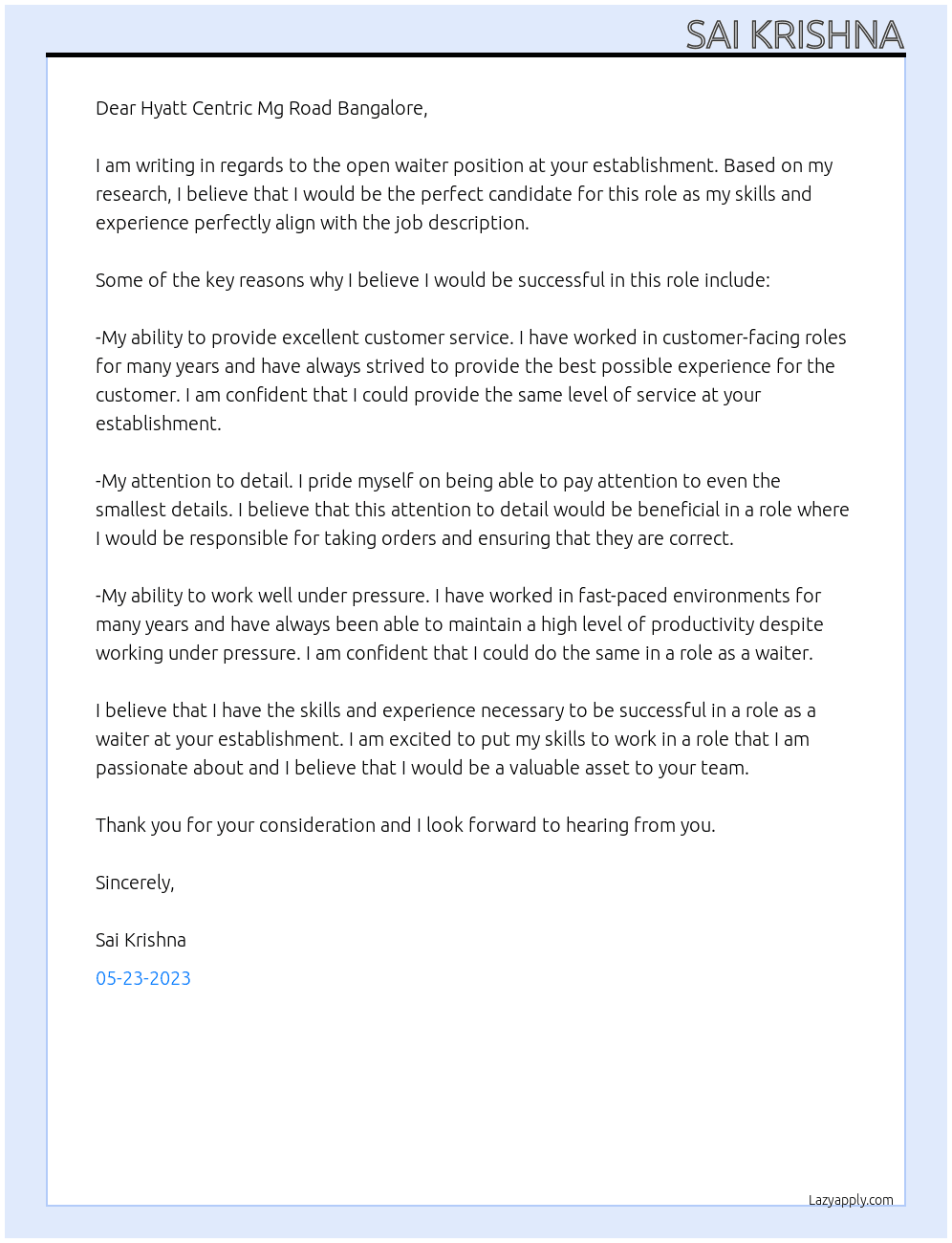 waiter At Hyatt Centric Mg Road Bangalore  Cover Letter