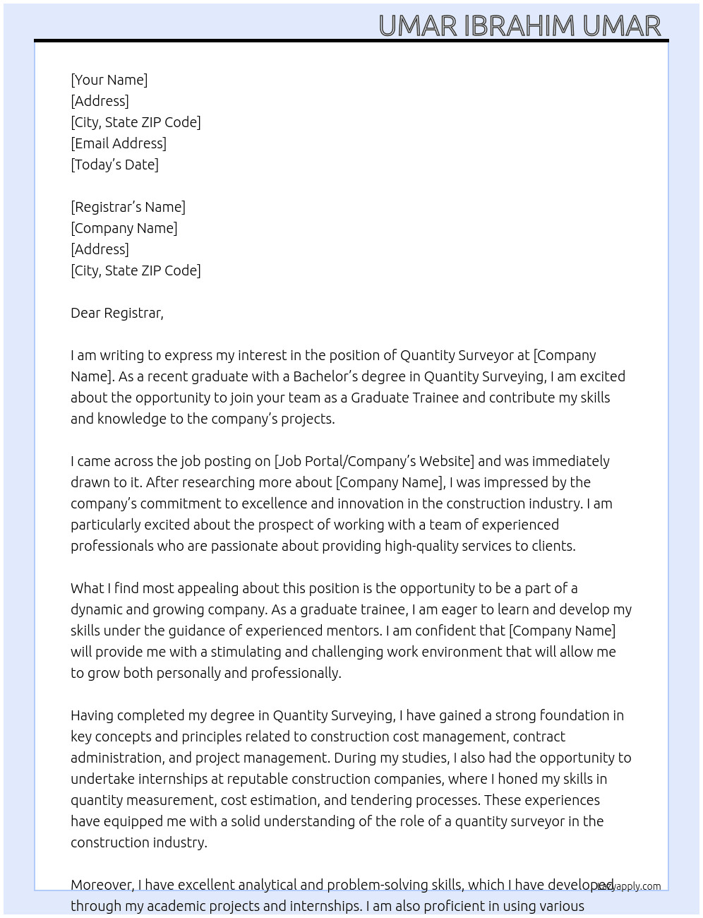 Quantity surveyor  At Graduate trainee  Cover Letter