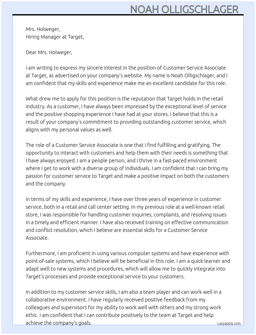  Customer Service Associate At job at target  Cover Letter
