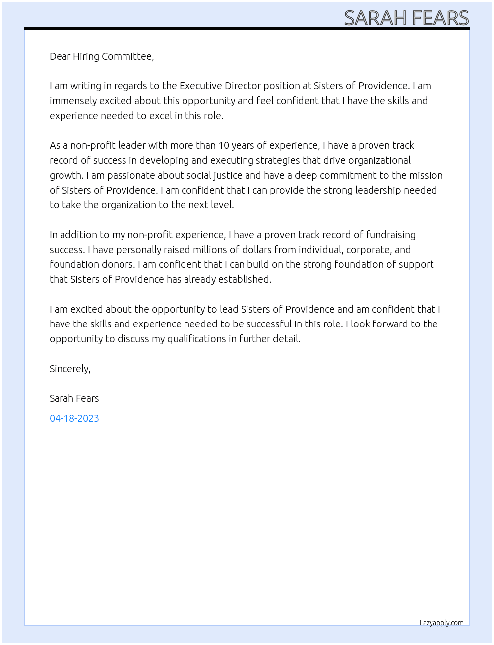 Executive Director  At Sisters of Providence  Cover Letter