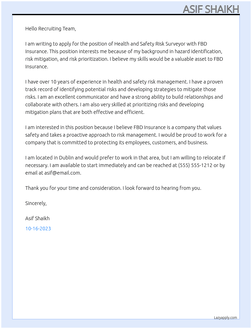 Health and Safety Risk Surveyor  At FBD Insurance  Cover Letter