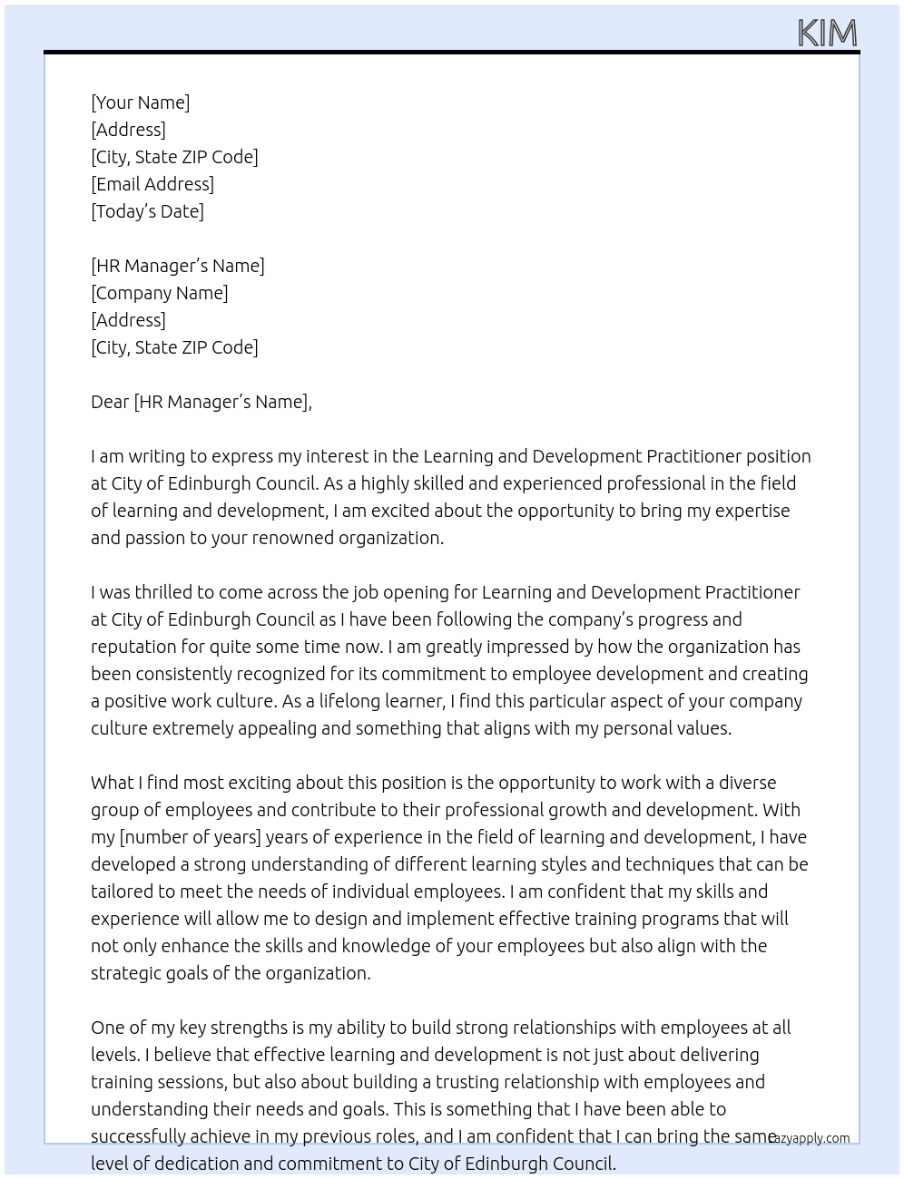 Learning and Development Practitioner At City of Edinburgh Coucil Cover Letter