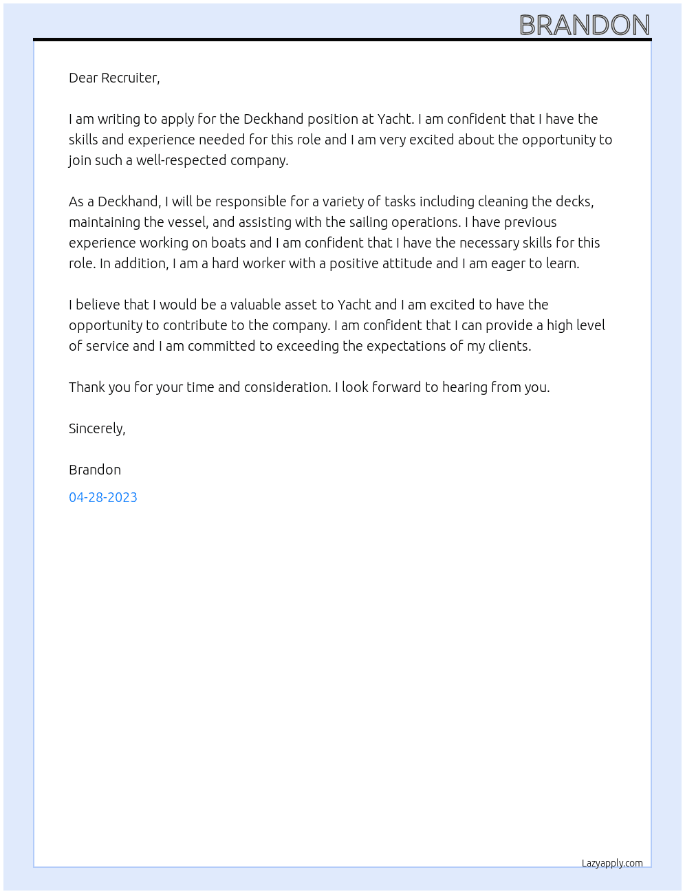 Deckhand  At Yacht Cover Letter
