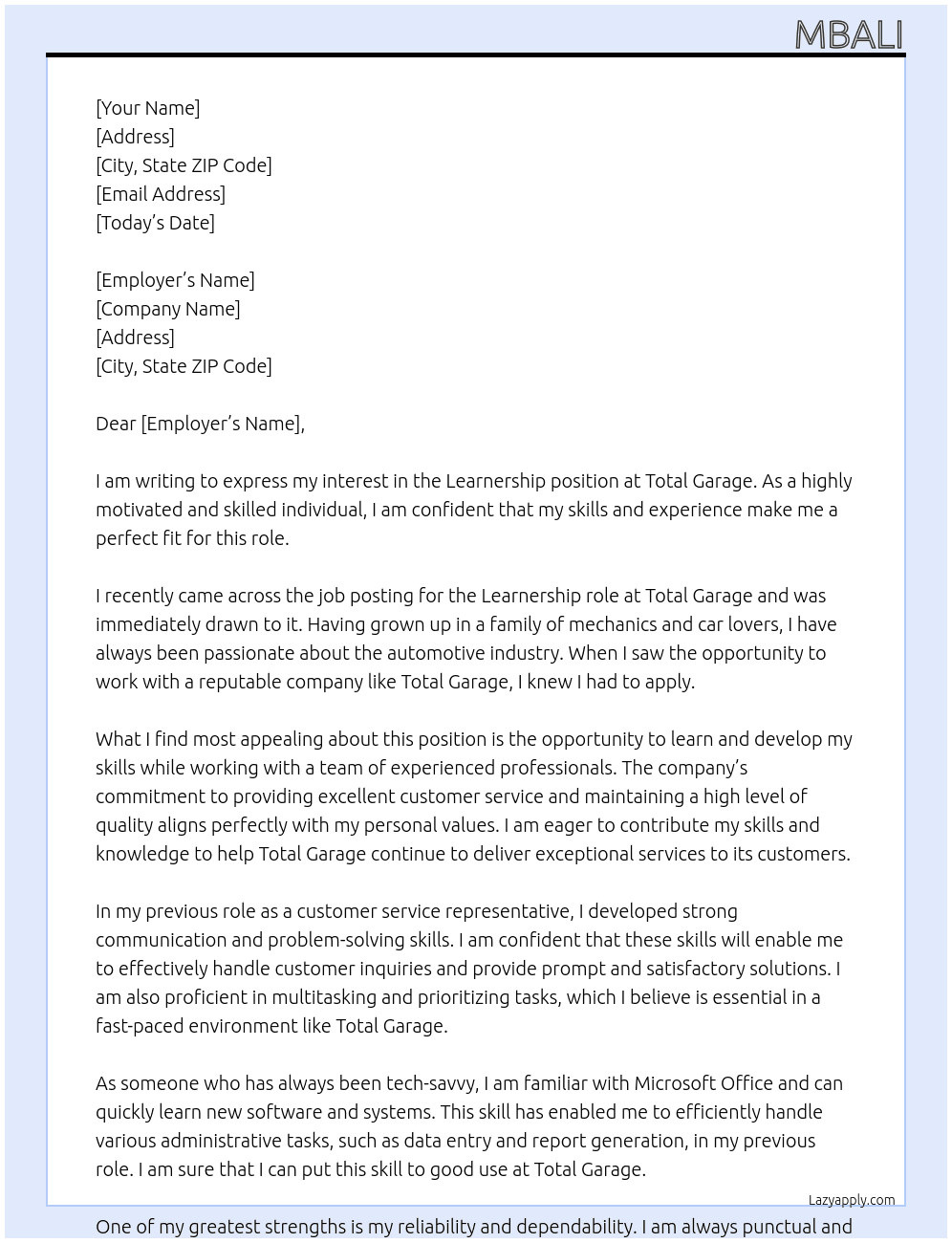 Learnership At Total garage  Cover Letter
