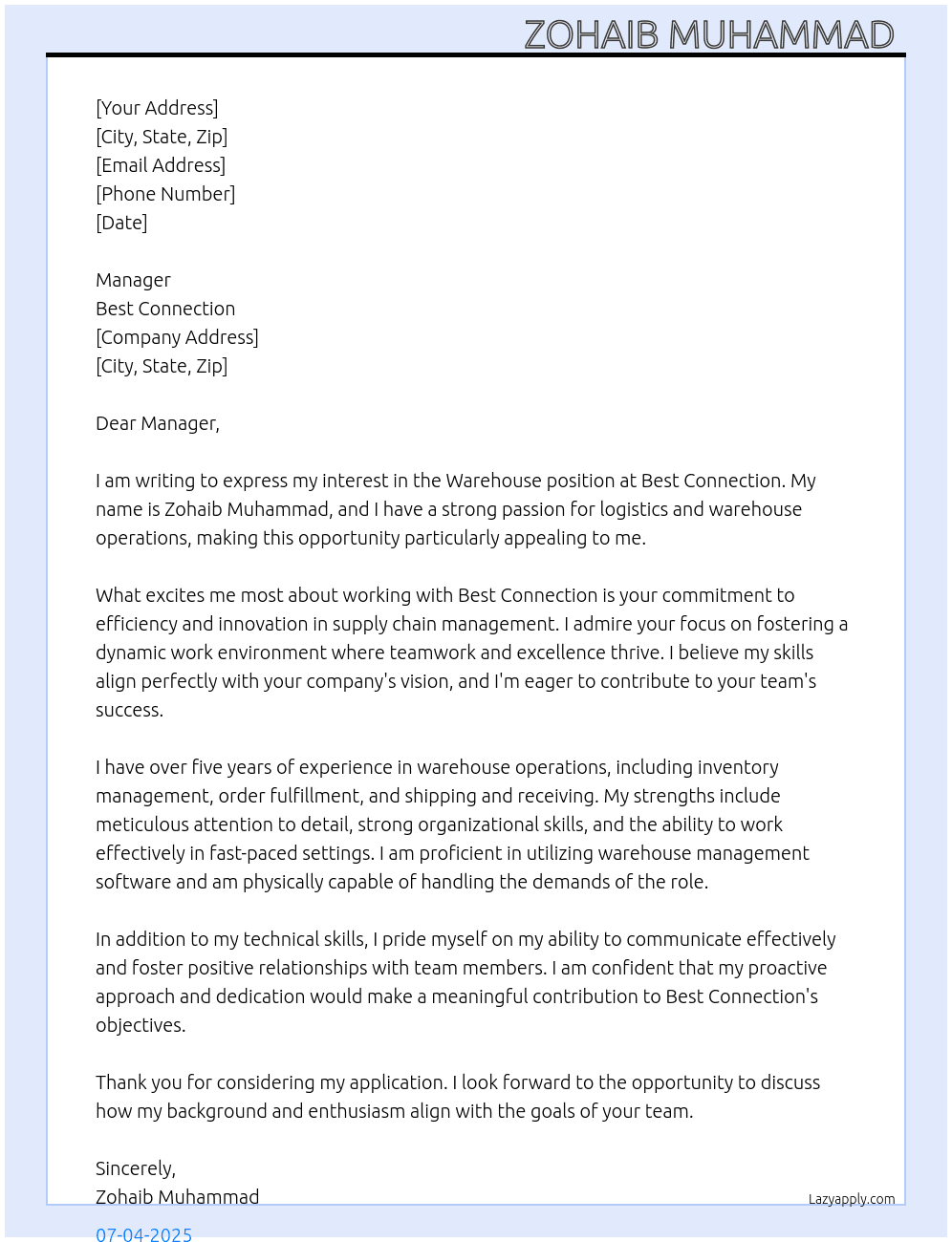 Warehouse  At Best connection  Cover Letter